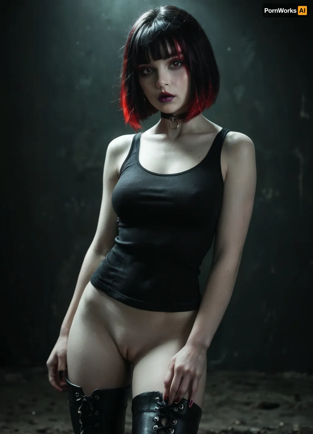 Slender 21yo woman, (bob cut and bangs black hair:1.3), (red highlights), Oval high cheekbone face. Wide jaw., (Pale skin:1.5), with soft features, heavy dark eyeliner and purple lip gloss.

Wide brown eyes, filled with devotion and submission, (Wearing black tank top, dark tight side laced leggings and high heel boots. Also wearing a thick black choker), Submissive body language, (Standing in a dirty dark room), realistic detailed face, detailed hair, realistic detailed body, realistic detailed skin, realistic detailed breasts, realistic detailed pussy, random view angle, action pose, <lora:add-detail-xl:1.5>, <lora:style_lora_realis:.5>, <lora:dark:.8>, detailxl