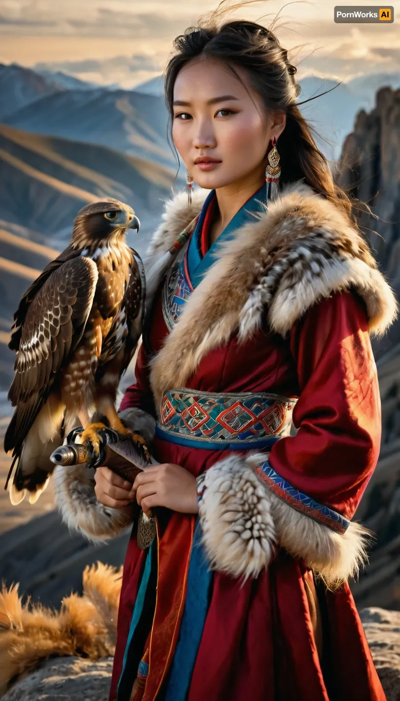 Incredibly realistic image, full colour image, full body view, 8K quality, super detailed, masterpiece, 19 year old beautiful Mongolian girl, ((wearing traditional sexy Mongolian clothing made of fur and silk)), ((she has a hunting hawk perched on her arm, on a falconer's glove)), standing over a cliff in the mountains, ((the valley below is swirling with mist)), .
