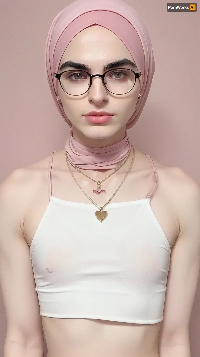 25 years old white man
- he is a crossdresser
- Mini-short with a visible bulge
- Slutty crop top on a flat masculine chest
- Round glasses
- Masculine chest
- Thick eyebrows
- Thick eyebrows
- Heavy pink makeup
- Pink collar
- Heart pendant
- It's a femboy
- androgynous
- brown hair
- very pale skin
- Wear a hijab

Backstory, White man that has been islamized and femenized by force and is forced to live as a muslim women