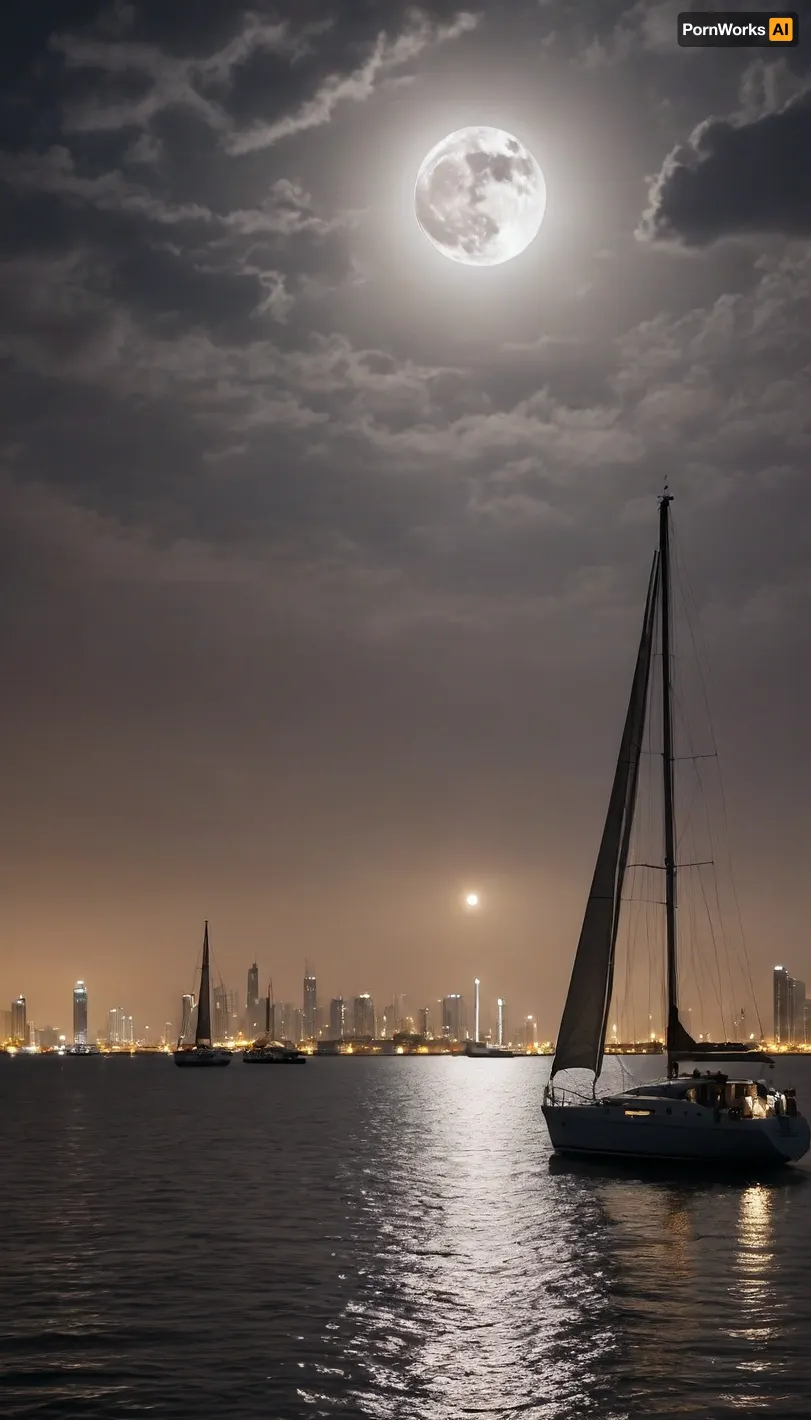 The night silhouette of the city was captured by a professional camera from the bay. The night lights accentuate the silhouettes of skyscrapers against the cloudless night sky, and the huge gray moon is partially hidden by shadows. A lone sailing yacht is moored to the marina, illuminated by the moonlight, Lightning flashes far away, ((accidentally:2))