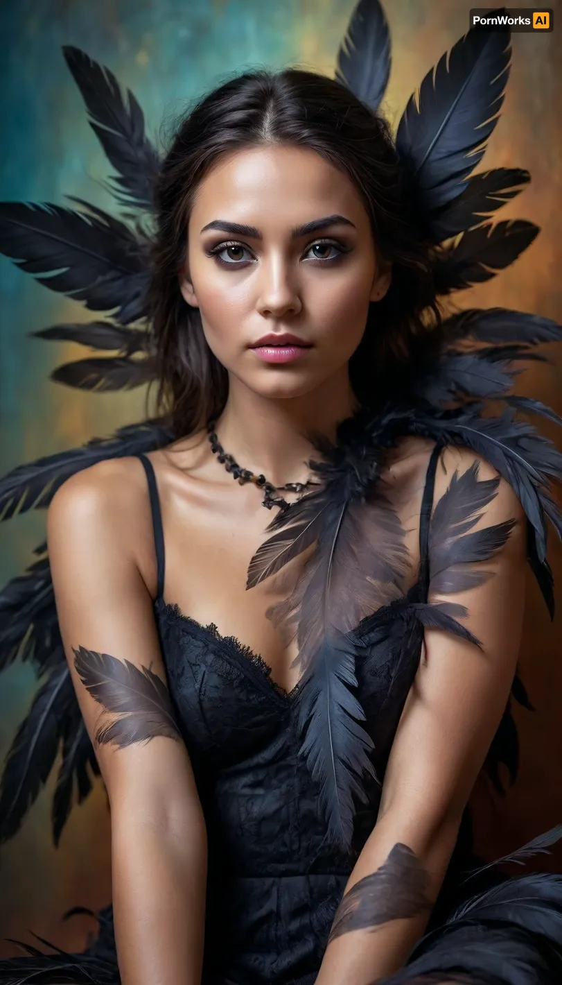 fullbody, A double-exposure illustration in which a woman face is overlaid with raven feathers, blending human features with skin elements. she sits, #©KITTYART



































#©KITTYART