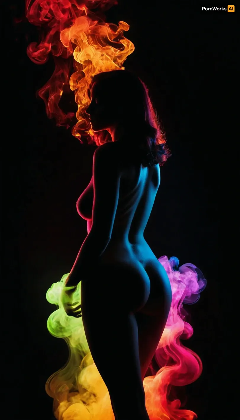 Art photo, (((completely black background))), (completely black silhouette outline of a curvaceous nude woman with a hourglass figure:1.2), wide hips, narrow waist, (((rainbow colored neon glowing smoke rising in the background))), pitch black silhouette, (Silhouette cutout:1.3)