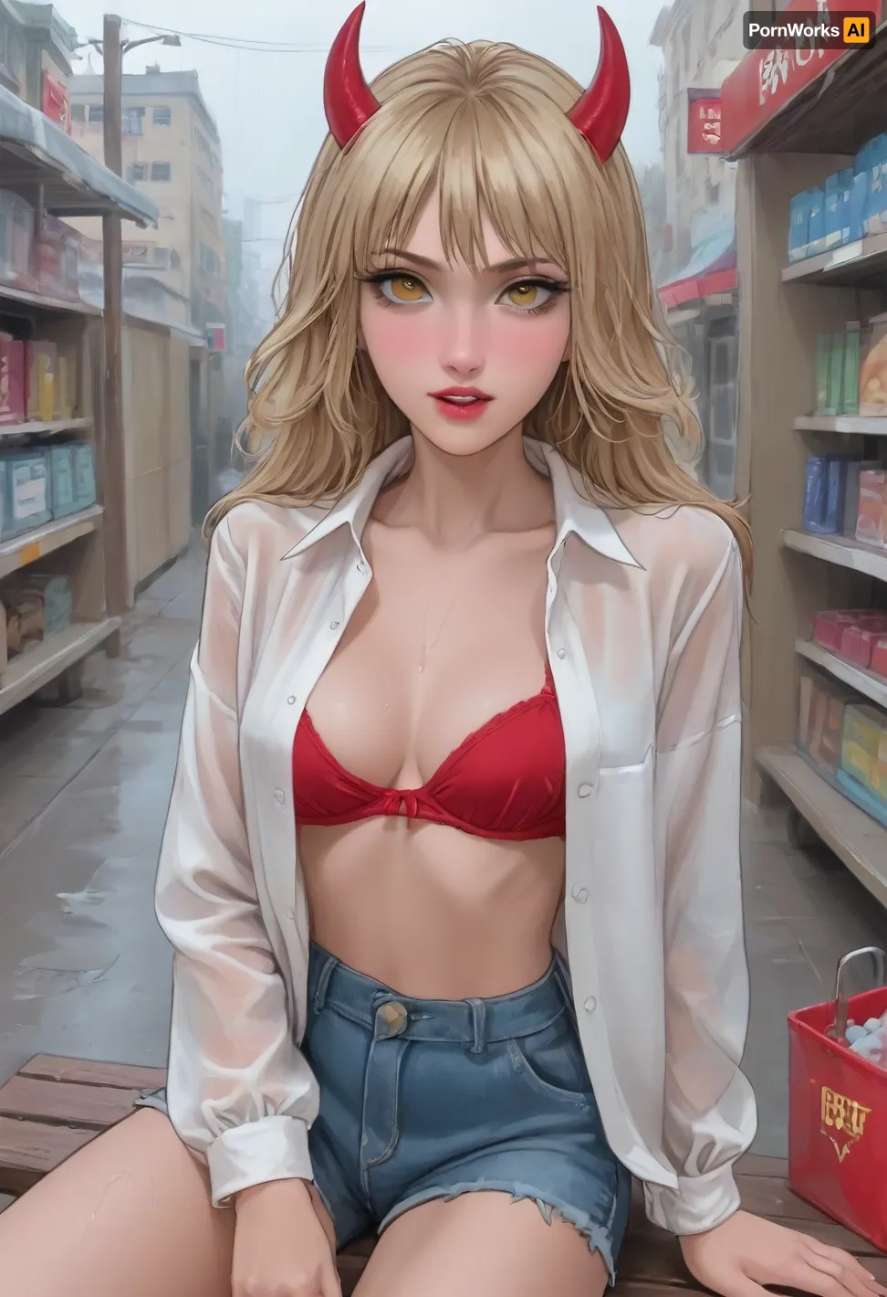 Aroma, (2d sketch:1.5), The anime character "Chainsaw" Power is a young girl with blonde hair, whose long hair reaches the middle of her back. She has light red devil-like horns sticking out of the top of her head, red and yellow cross-shaped eyes, and sharp teeth with well-defined fangs. She's wearing an ordinary shirt with two slightly unbuttoned buttons, a push-up bra that accentuates her breasts, short shorts that stick into her vagina, a beautiful, neat vagina, sitting on a bench in the rain, all wet, next to a Japanese-style store., white background, front view, ratatatat74, <lora:NEOTOKIOXL_0.2_RC:.8>, <lora:cartoon_stickers_xl_v1:.8>, <lora:ratatatat74-000050:.8>, <lora:outline_xl_kohaku_delta_spv5x:.8>