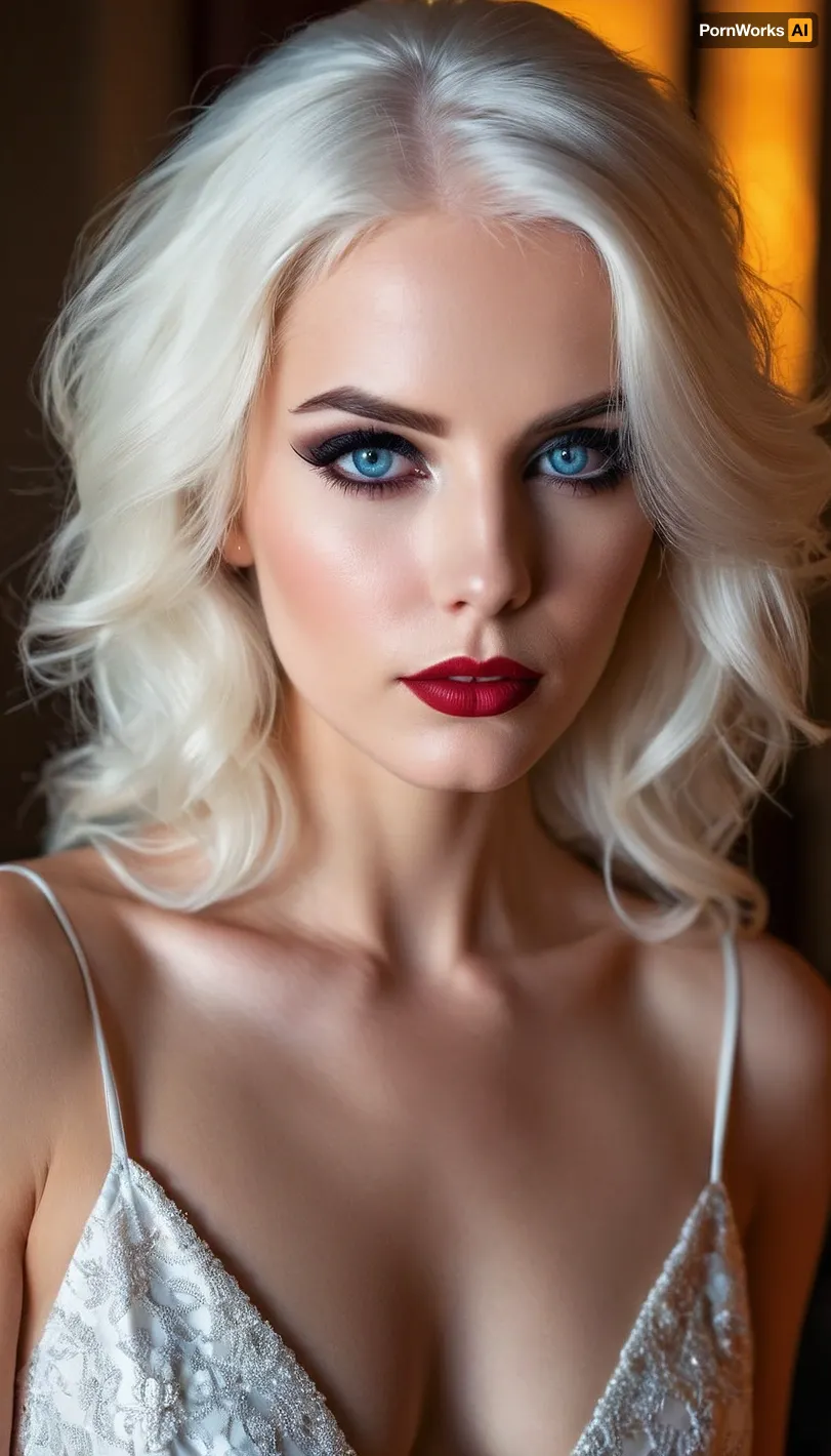 ziprealism, (smug, expressive eyes, breathtaking eyes, mesmerizing eye contact), (silky hair, brilliant white hair, stark white hair, stylish hairstyle), (vivid lipstick, heavy eyeshadow, dark eyeshadow, bold eyeliner:1.4), (sharp chin, chiseled cheekbones, triangular face, full lips), (medium closeup, professional lighting, award winning portrait, tight focal length, rule of thirds framing:1.2), (sharp focus, focus on eyes, perfect eyes), (crystal blue eyes, catchlights, detailed eyes, limbal ring), (subtle freckles and skin imperfections:.4), posing in front of sunny window, streaming sunlight, godrays, sexy red negligee, cleavage, natural skin texture, soft bokeh, <lora:add-detail-xl:.8>