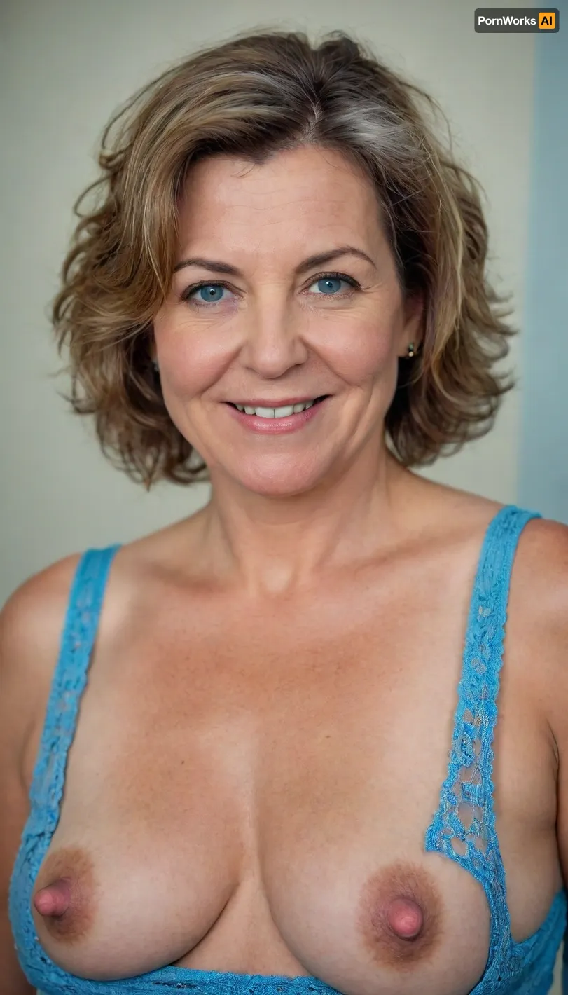 realistic portrait of a fat 65 year old mature woman with very saggy medium breasts, longnips nipples, puffy, nipples, dark, wide, sagging, breasts, brunette hair, bob cut, hips, (cellulite:1.2), hairy fupa, wrinkles, jewelry, long, hair, short, smiling, 1girl, blue, eyes, <lora:longnipsxl:.4>, <lora:AdvancedEnhancerXLv2:1>, <lora:Nipples XL:.5>, <lora:Older_woman-000008:.2>
