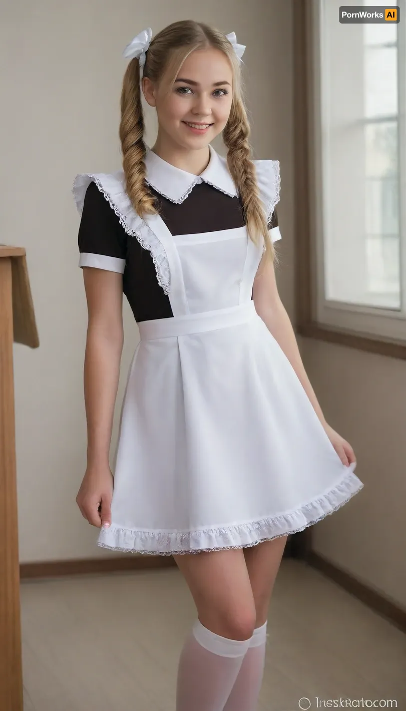 beautiful blonde 18 years old with long pigtails woman, white bows, black dress, white apron, soviet schoolgirl, white lingerie, white shoes, high heels, lewddungeon, rclassroom background, Cinematic, laughing, 4k epic detail, shot on kodak, 35mm photo, sharp focus, high budget, cinemascope, moody, epic, gorgeous, film grain, grainy, score_9, score_8_up, score_7_up, rating, suxl, <lora:suxl:.8>