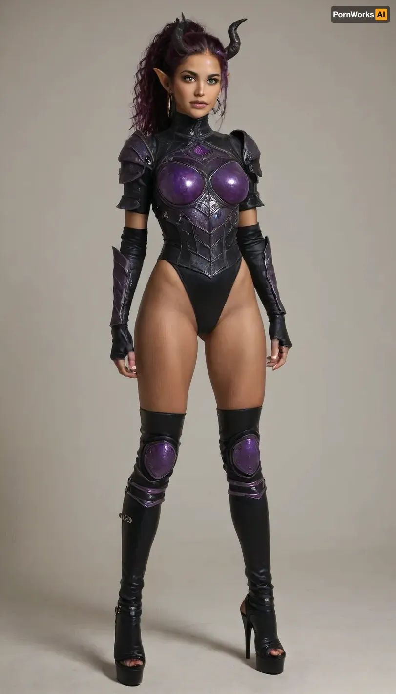 Elf woman, dark pink skin, yellow bright eyes, elf ears, azure glowing hair, ponytail, Black Gothic makeup, black sharp shiny horns, Black and purple mysterious armor, black and purple breastplate, black and purple knee pads, metal heels, wasp waist
