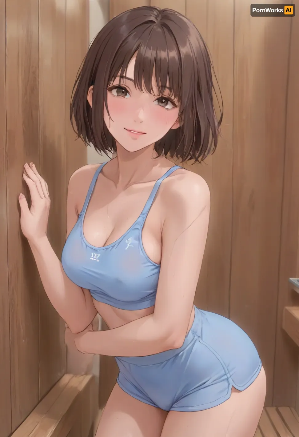 A short Japanese woman, 18 years old, with brown hair, a short haircut, dark brown eyes, wearing a blue sports short top and short blue sports tight shorts, fitted. Her breasts are average, her ass is plump and athletic, and she is leaning against a glass door in a wig, in a sauna. She is smiling playfully, and her body is covered in sweat., <lora:outline_xl_kohaku_delta_spv5x:1.3>, <lora:NEOTOKIOXL_0.2_RC:.7>, <lora:Ppolar-P3v1-NbVp10:.7>, <lora:one breast out XL:2>, <lora:cartoon_stickers_xl_v1:.5>