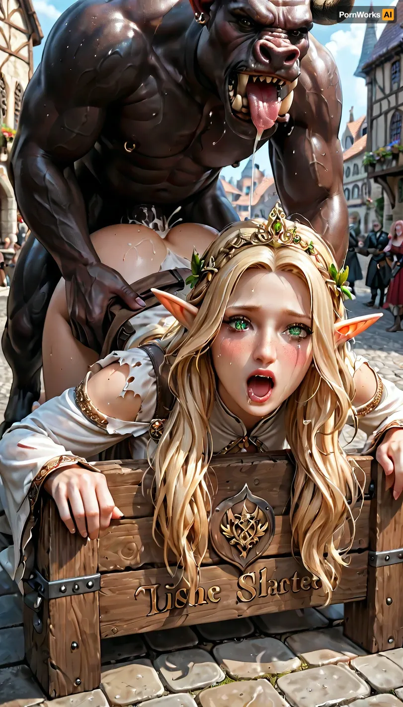 masterpiece, 8k, uhd, dslr, best quality, (One Beautiful young elf princess), ((doggystyle sex with one horrible orc)), demonic, salivate, brutal, hardcore sex fantasy, (bestiality:1.2), full coral pink lips, blushing with shame, long blonde hair, green eyes, elf ears, freckles, clothes ripped to expose butt, distance hips, semen, bukkake, creampie, tears, painful face, screaming, top-down_bottom-up, ass, scratches, (blood), sweat, ahegao, (pillory, bound), (public medieval street), (medieval city), pyre, medieval, rpgelf, Dark, Fantasy, page, grab hair, surrounded by watching people, <lora:Fantasy_Monsters_XL:.8>, <lora:RPGElfXL:.8>, <lora:Dark Fantasy:.8>, <lora:CinematicStyle_v1:.8>