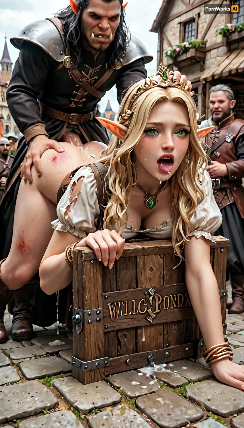 masterpiece, 8k, uhd, dslr, best quality, (One Beautiful young elf princess), ((doggystyle sex with one horrible orc)), demonic, salivate, brutal, hardcore sex fantasy, (bestiality:1.2), full coral pink lips, blushing with shame, long blonde hair, green eyes, elf ears, freckles, clothes ripped to expose butt, distance hips, semen, bukkake, creampie, tears, painful face, screaming, top-down_bottom-up, ass, scratches, (blood), sweat, ahegao, (pillory, bound), (public medieval street), (medieval city), pyre, medieval, rpgelf, Dark, Fantasy, page, grab hair, surrounded by watching people, <lora:Fantasy_Monsters_XL:.8>, <lora:RPGElfXL:.8>, <lora:Dark Fantasy:.8>, <lora:CinematicStyle_v1:.8>