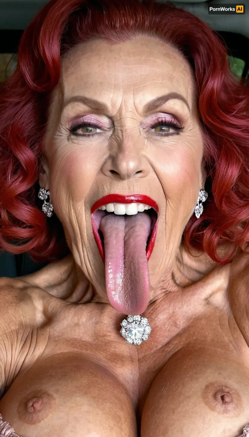 smile skinny brigitte nilsen old granny, smile gilf streches out her extreme long tongue, usa pervert old bodybuilding muscle woman gilf with long tongue, massive boobs, open her mouth big, waiting for cumshot, in bed, smokey, lipstick, ginger kinky curly hair cut, with very massive tits hugh boobs, sticks her extreme long tongue out of her mouth, big open mouth, in a car, wearing a silver pink rose transparent diamant silver tight sweater with tits free hole, hairstyle after sex, make up running down, kinky crazy granny, gold jewellery, red peral neckless