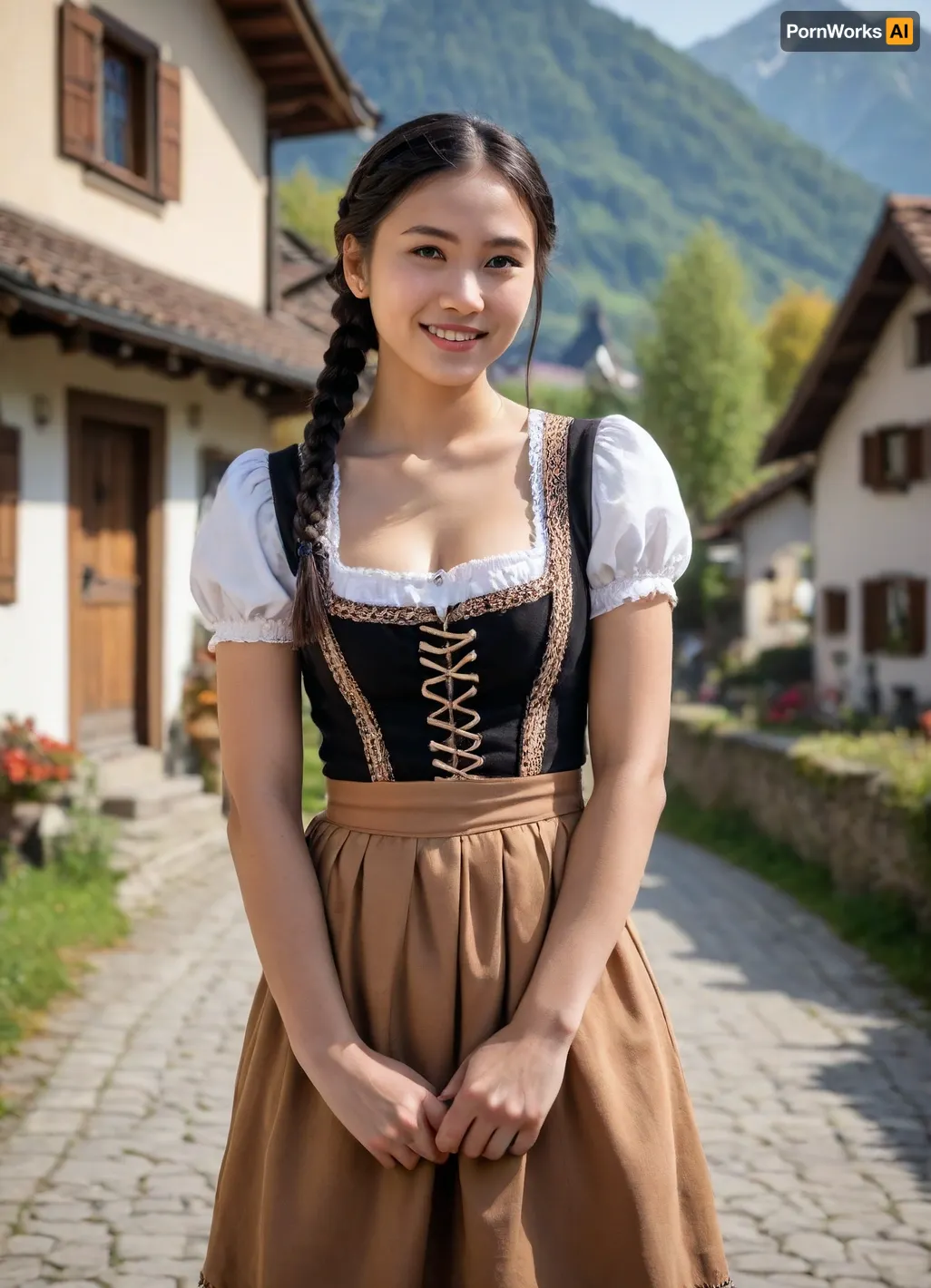 asian Woman, black hair, braids, 18 years old, full body view, smiling, brown eyes, almond eyes, wearing bavarian Dirndl, looking into distance, sunny, realistic face, waving, Standing, bavarian Village
