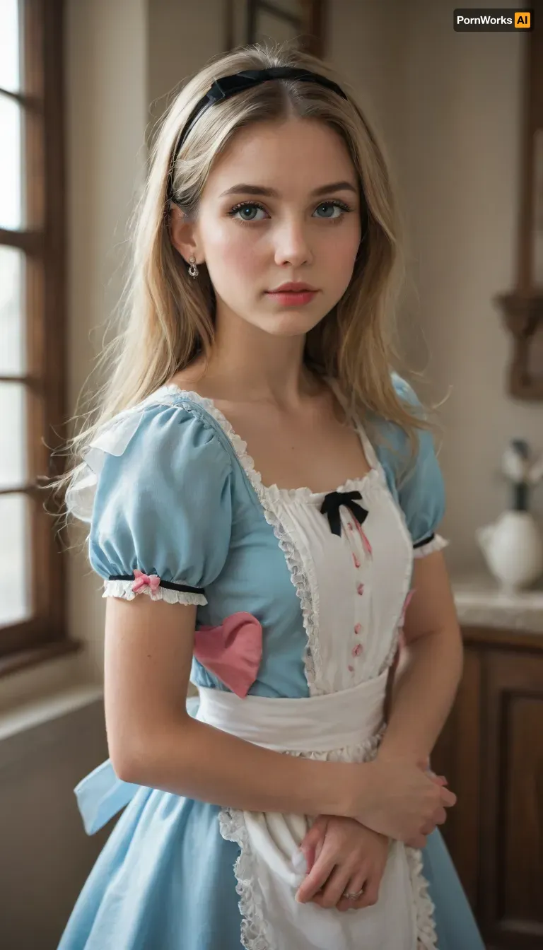 alice from disney, thick shoulder length blonde hair decorated with a black ribbon tied in a bow, large blue eyes with long eyelashes, red or dark pink lips, bright pink nails, fair skin, rosy cheeks, light blue mid calf dress with sleeves, white apron with a large bow at the back
