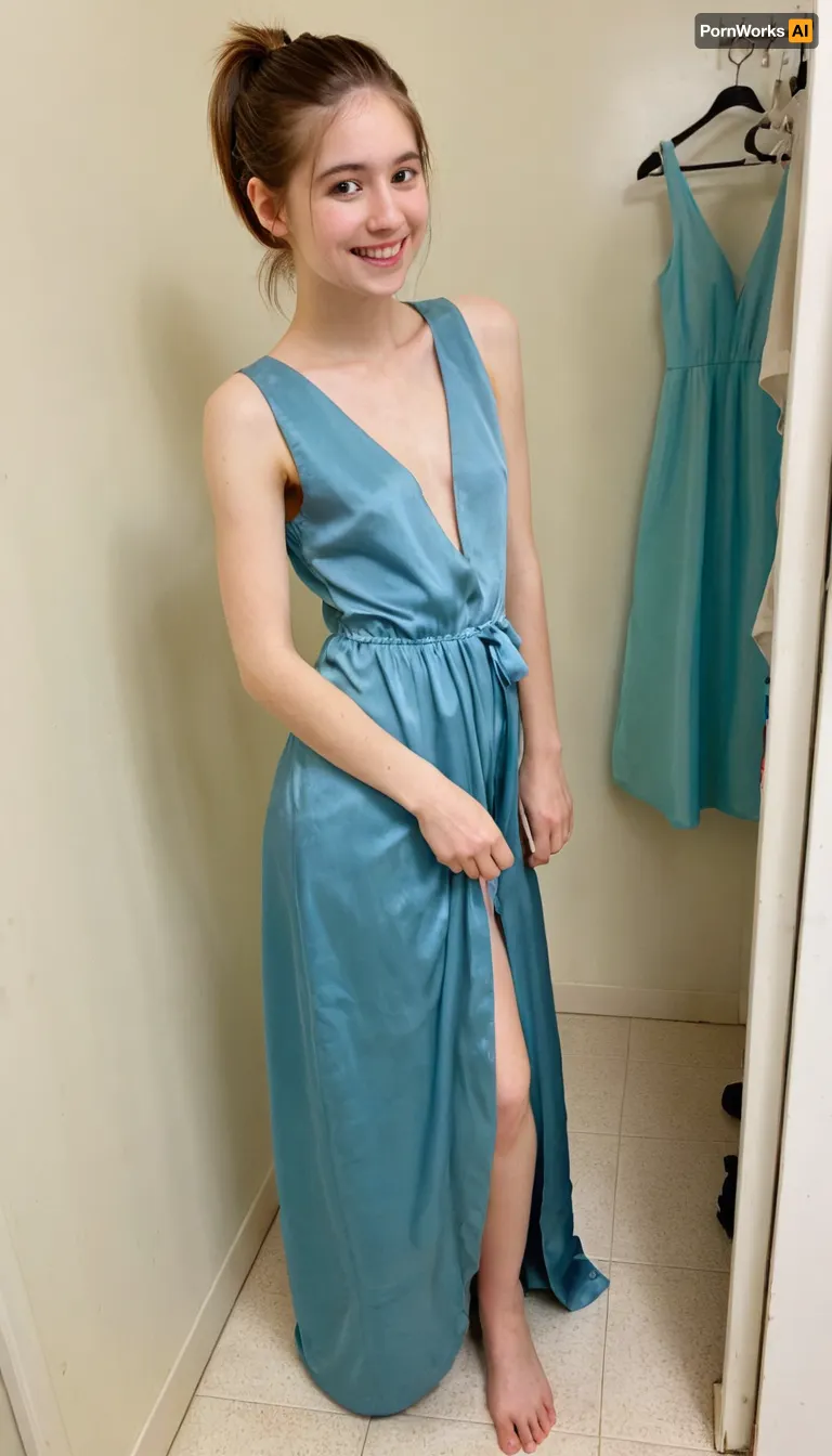 pov, A young slender petite timid college girl of 1m60 height standing in a clothing shop changing stall, indoor, silk long pale-blue gala gown, deep v-neck, smiling at me, short length brown straight hair, her hair in a loose ponytail. playful, realistic skin with many moles and imperfections, Detailed natural skin and blemishes without-makeup, showing off her new outfit, thin figure, perfect eyes, skin blemish, detailed, <lora:polyhedron_all_sdxl-000004:.8>
