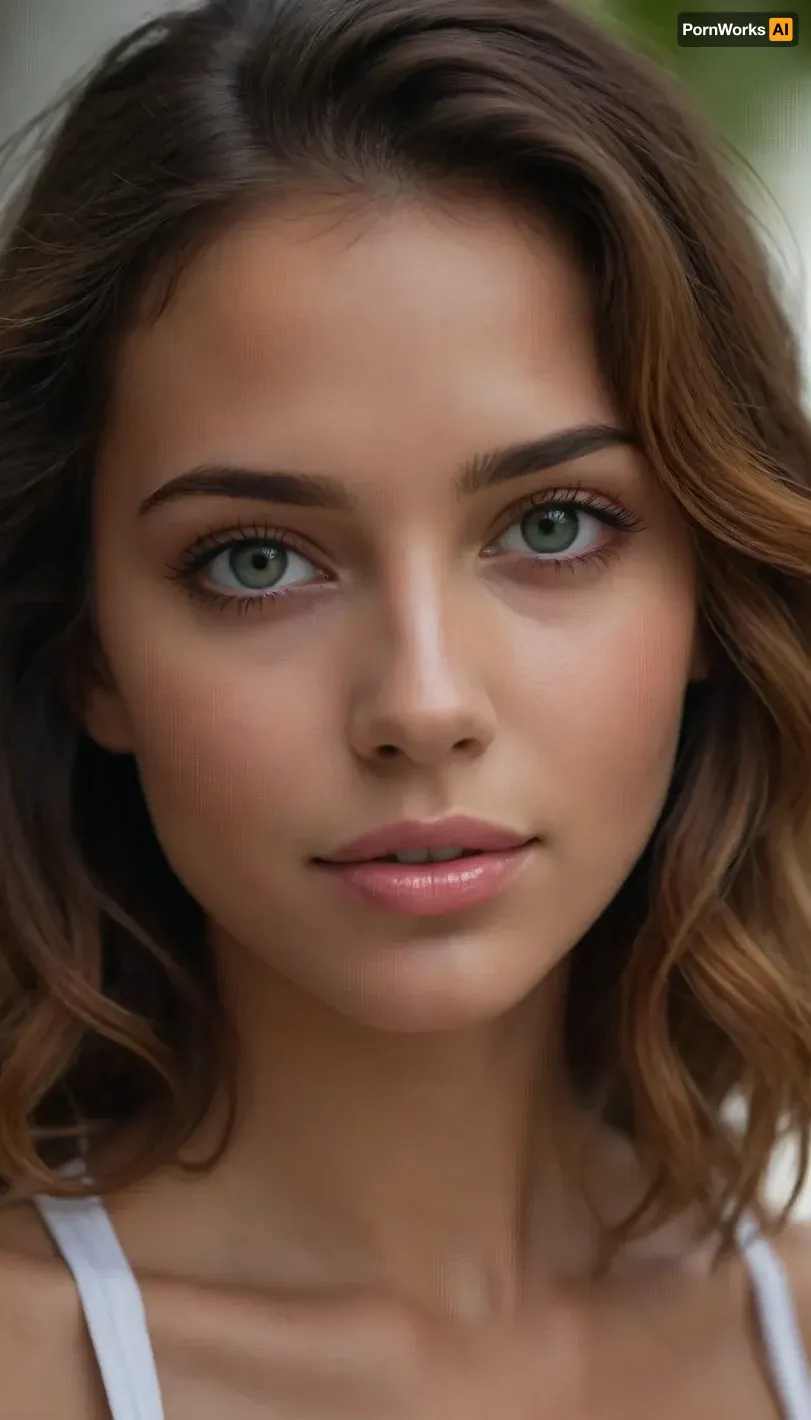 Crea una imagen hiperrealista de una mujer joven con cabello marrón claro con reflejos cobrizos y anaranjados. Su melena es ligeramente ondulada y cae de manera natural sobre sus hombros, con mechones sueltos que aportan un toque desenfadado y playero. Sus ojos son de un verde vibrante, expresivos y luminosos, reflejando la luz de manera realista.

Mandibula inferior prominente.

Su piel es ligeramente bronceada, con un brillo natural y sutiles pecas sobre sus mejillas y nariz. Su expresión es relajada y amigable, con una leve sonrisa en los labios. Tiene cejas bien definidas, gruesas pero armoniosas, enmarcando su mirada. Sus labios son carnosos y de un tono rosado natural.

De cuerpo entero, hermosa figura, cintura delicada, piernas flacas, cola pequeña y redonda, pechos medianos duros

El escenario es una playa tropical, con arena clara y fina, agua cristalina de tonos turquesa y vegetación frondosa en el fondo.