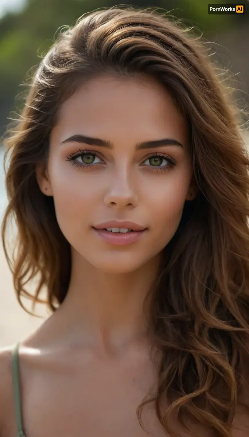 Crea una imagen hiperrealista de una mujer joven con cabello marrón claro con reflejos cobrizos y anaranjados. Su melena es ligeramente ondulada y cae de manera natural sobre sus hombros, con mechones sueltos que aportan un toque desenfadado y playero. Sus ojos son de un verde vibrante, expresivos y luminosos, reflejando la luz de manera realista.

Mandibula inferior prominente.

Su piel es ligeramente bronceada, con un brillo natural y sutiles pecas sobre sus mejillas y nariz. Su expresión es relajada y amigable, con una leve sonrisa en los labios. Tiene cejas bien definidas, gruesas pero armoniosas, enmarcando su mirada. Sus labios son carnosos y de un tono rosado natural.

De cuerpo entero, hermosa figura, cintura delicada, piernas flacas, cola pequeña y redonda, pechos medianos duros

El escenario es una playa tropical, con arena clara y fina, agua cristalina de tonos turquesa y vegetación frondosa en el fondo.