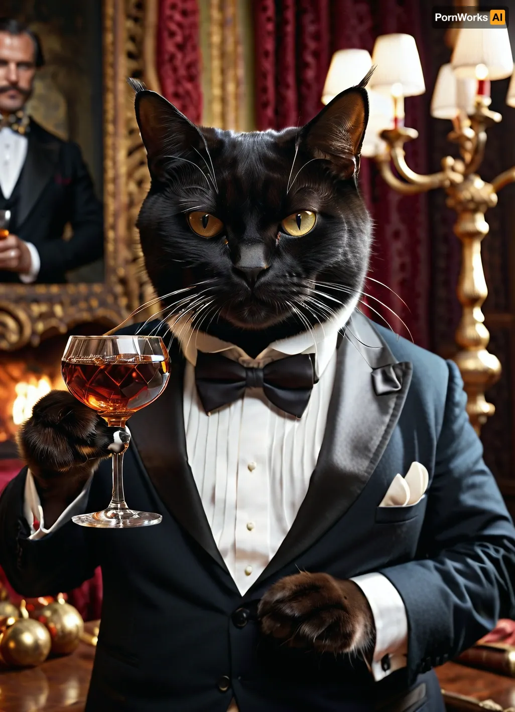 Super realistic image, full color image, 8K quality, super detail, masterpiece, “The Master and Margarita”, Satan's ball, huge fat black cat, white bow tie around his neck, wearing a pince-nez, standing on his hind legs, holding a glass of cognac in his right front paw, акщте view