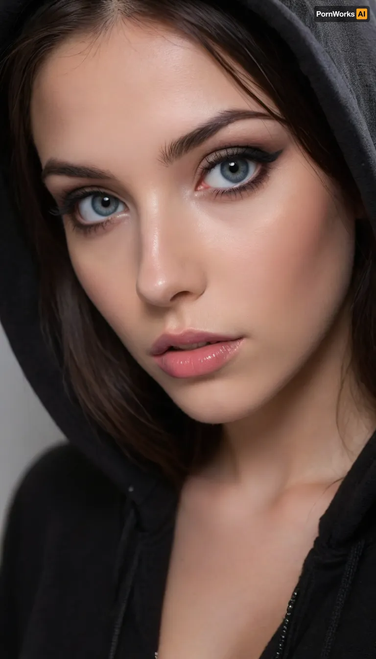 ziprealism, (profile shot, intimate snapshot esthetic:1.8), (playful girlfriend, mischievous woman, bashful pose), (expressive eyes, breathtaking beauty, mesmerizing eye contact), (black hoodie, raised hood, unzipped, cleavage:1.4), (silky hair, glossy black hair, long hair:1.4), (focus on breasts, perfect eyes, medium full shot), (subtle makeup, sporty makeup), (sharp chin, chiseled cheekbones, triangular face, full lips), (crystal blue eyes, catchlights, detailed eyes, limbal ring), natural skin texture, (dark, chiaroscuro:1.2), <lora:add-detail-xl:.8>, <lora:zavy-cntrst-sdxl:.8>