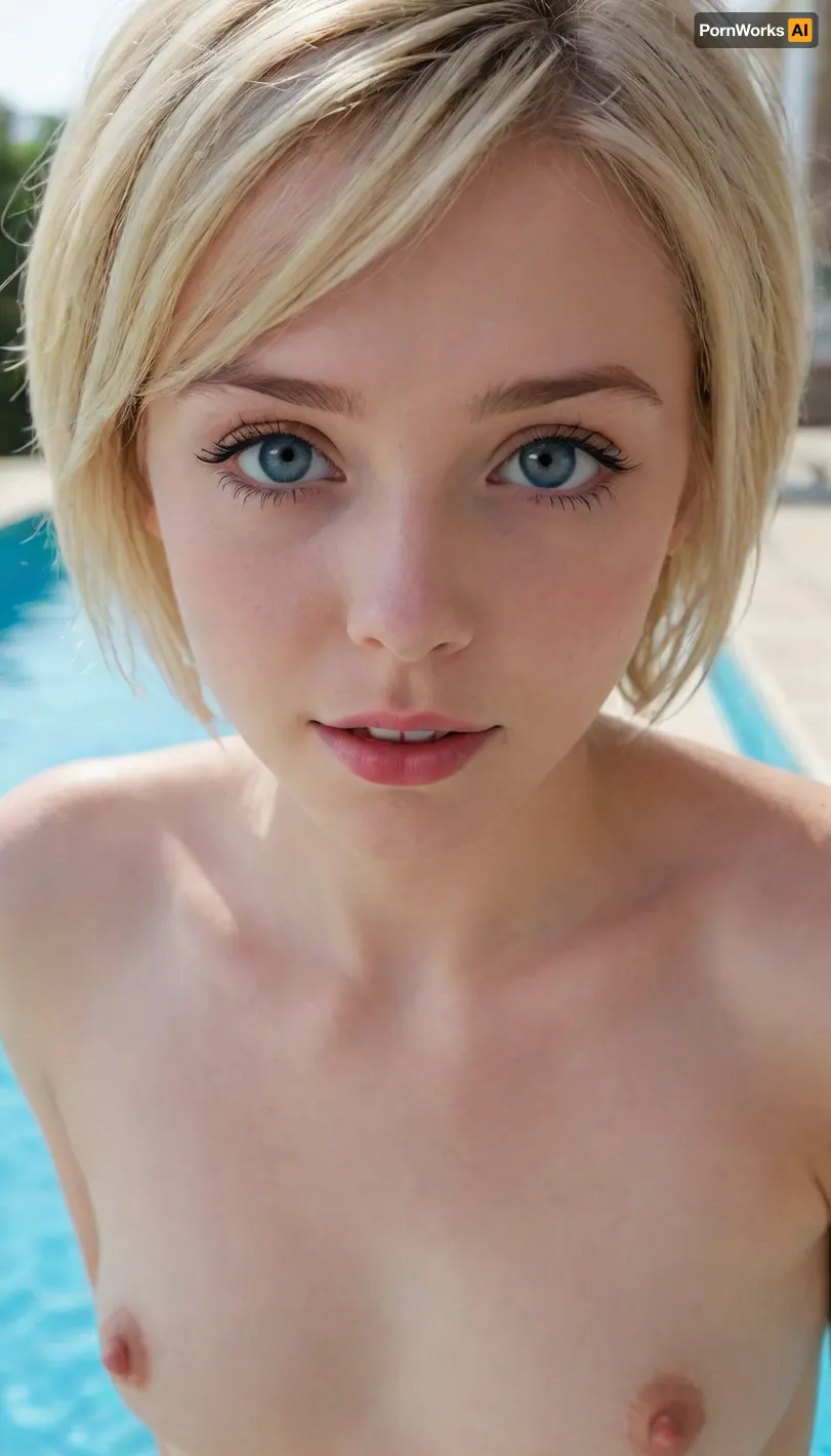(Intricately detailed), 4K, (UHD), (HDR), poolside, (small frame 18yo, cute young adult, flat chested, nude, innocent face, young face, (makeup), gorgeous soft blonde short hair, blue eyes, close up, pale skin, very bright lighting, hard puffy nipples, focus face and male flat chested tits, sexy face, happy, excited eyes), flat, chested, <lora:flat_chested_v3.5:.8>