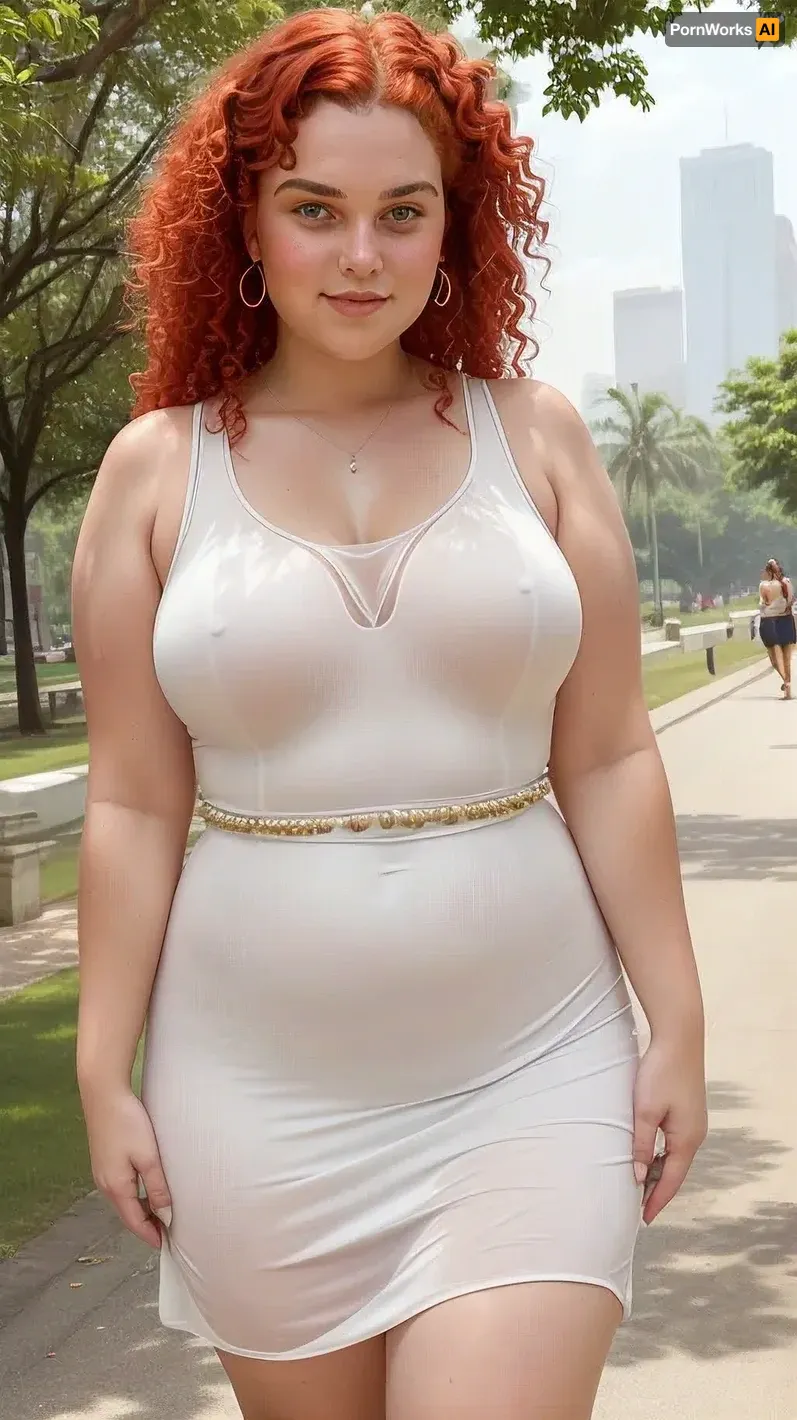 A corpulent 20-year-old woman with bright red curls stands in the blazing midday sun of a city park, her sleeveless summer dress clinging to her sweating skin as she wipes the shimmering sweat from her forehead with one hand and lifts the hem of her steaming dress from her thigh with the other, close-up with visible beads of sweat on reddened cheeks, shimmering heat over the asphalt and a warm, humid haze in the air.