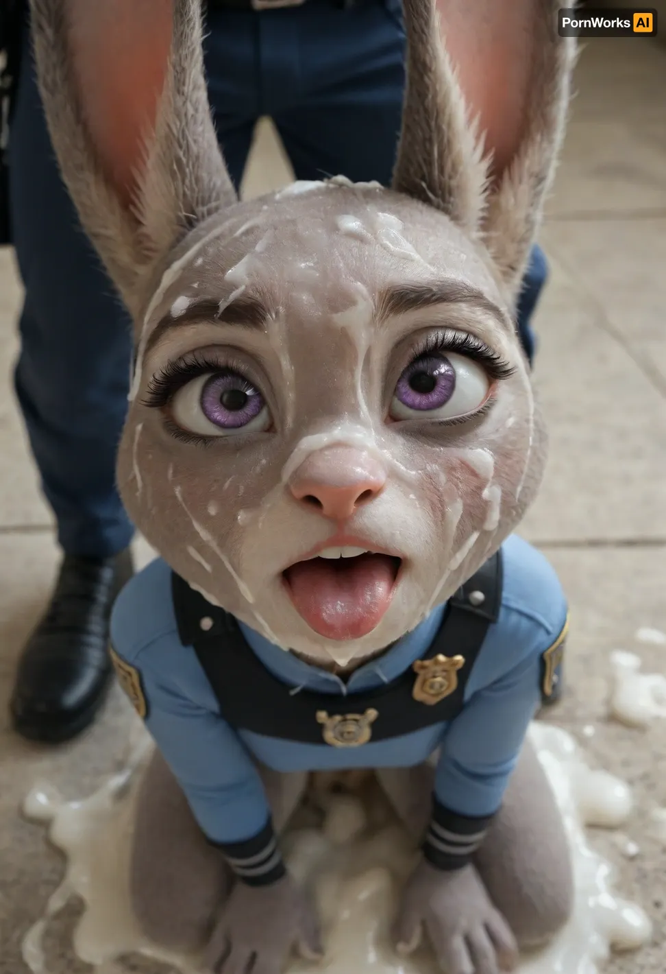 Animal bunny, Judy Hopps, zootopia, porno animals, sitting on knees, lustful look, (((cum on face:1.3))), (((huge cum load on face))), (((facial:1.3))), hd 4k, animation, pussy bunny, ahegao, police suit body, orgasm pussy, ears down, fluffy pussy, red Fox normal clothes, slaves, Judy Hopps slaves, focus on face, sharp focus, close up, <lora:754990_training_data:1.5>