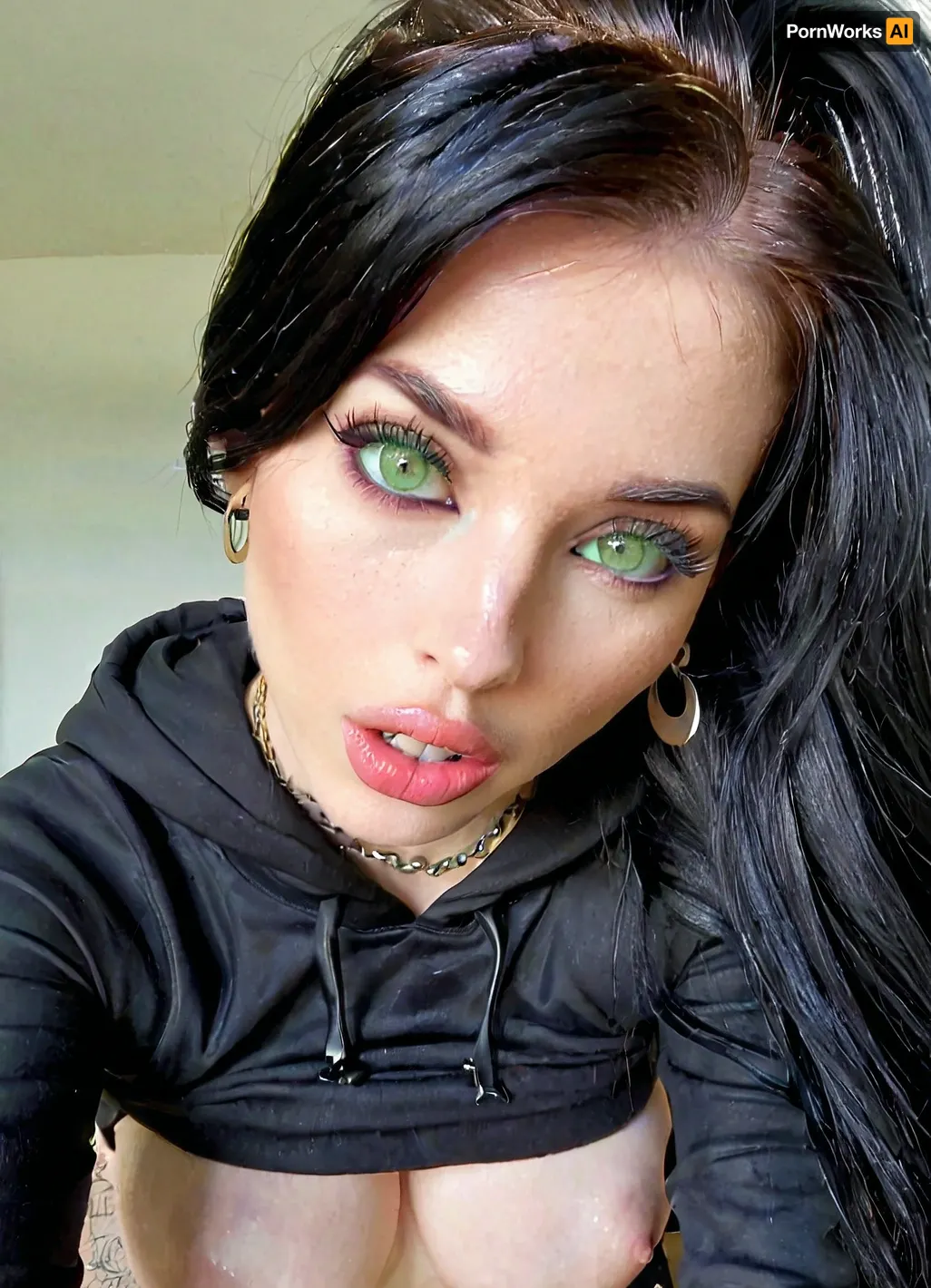 iPhone shot, amateur selfie, Breathtaking extremely junior very horny 19 year old American Goth girl, medium fake breasts out, athletic body, perfect skinny body sharp nose, smooth silky long hair rectangular face, wide mouth, full lips, dark makeup, black hair and pale skin, tattooed, expensive hairstyle, expensive earrings, beautiful necklace, thin eyes, green eyes, pale skin, freckles, big cheekbones, slim, deep dimples, cute chin, kind eyes, white teeth, detailed faces, Black eyeliner. Heavy bronze eyeshadow. BREAK
Fully clothed in, (hot pink baggy college hoodie:1.2), realistic eyes, Sultry expression. Tousled, high ponytail. Eye contact, (sultry), confident. Petite, athletic, sweaty. Photorealistic Looking at the camera, fresh face, horny look, very detailed, cowgirl sex, slowly riding big cock as it stretches her little pussy open, perfect tight smooth young pussy, <lora:SDXL_BetterFaces-LoRA_v1:.8>, <lora:detailed_notrigger:2>