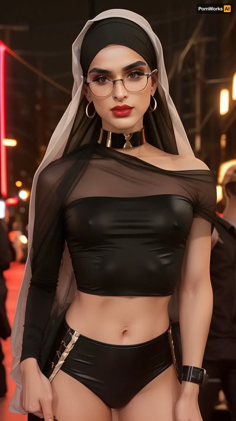 A digital portrait of a soft, self-conscious crossdressing boy. He wears a tight, black tube crop top — flat and strapless — baring his smooth collarbones and slim upper chest with no suggestion of cleavage. He has a slim and athletic chest, with visible feminine slim abs. His arm are very slim. His body is slim and lightly athletic, toned with subtle muscle definition — narrow waist, soft contours, and gentle curves in his limbs. His black vinyl leggings are extremely short and cling tightly around his thighs and groin, clearly outlining a visible bulge beneath the glossy fabric. He is wearing islamic yet trashy clothes. He wear a red lipstick. His arms are athletic but thin.

His smooth skin is hairless, emphasizing his exposed body and submissive presentation. His clean-shaven face is heavily painted with cheap red lipstick, mismatched blush, and thick eyeliner. While the makeup is loud and uneven, his facial features remain unmistakably male — a softly angular jaw, defined nose, and slightly thick brows — but softened enough to appear uncertain and vulnerable. His large, anxious brown eyes peer out from behind round, girly round glasses, betraying both fear and a desperate need for approval. Between his legs, a bulge is visible underneath his short.

His dark brown hair is natural, short, and styled in a boyish way. No wig. He wears cheap earrings, a black choker, and flashy accessories that exaggerate his bimbo transformation. The background is a narrow street in a red light district. It is midnight. He is looking at the camera in a shy and submissive way. The image blends anime and realism, capturing his erotic vulnerability — caught between desperation to be sexy and the anxiety of being visibly, undeniably male.

He is wearing a hijab., <lora:Femboy_Face:.8>