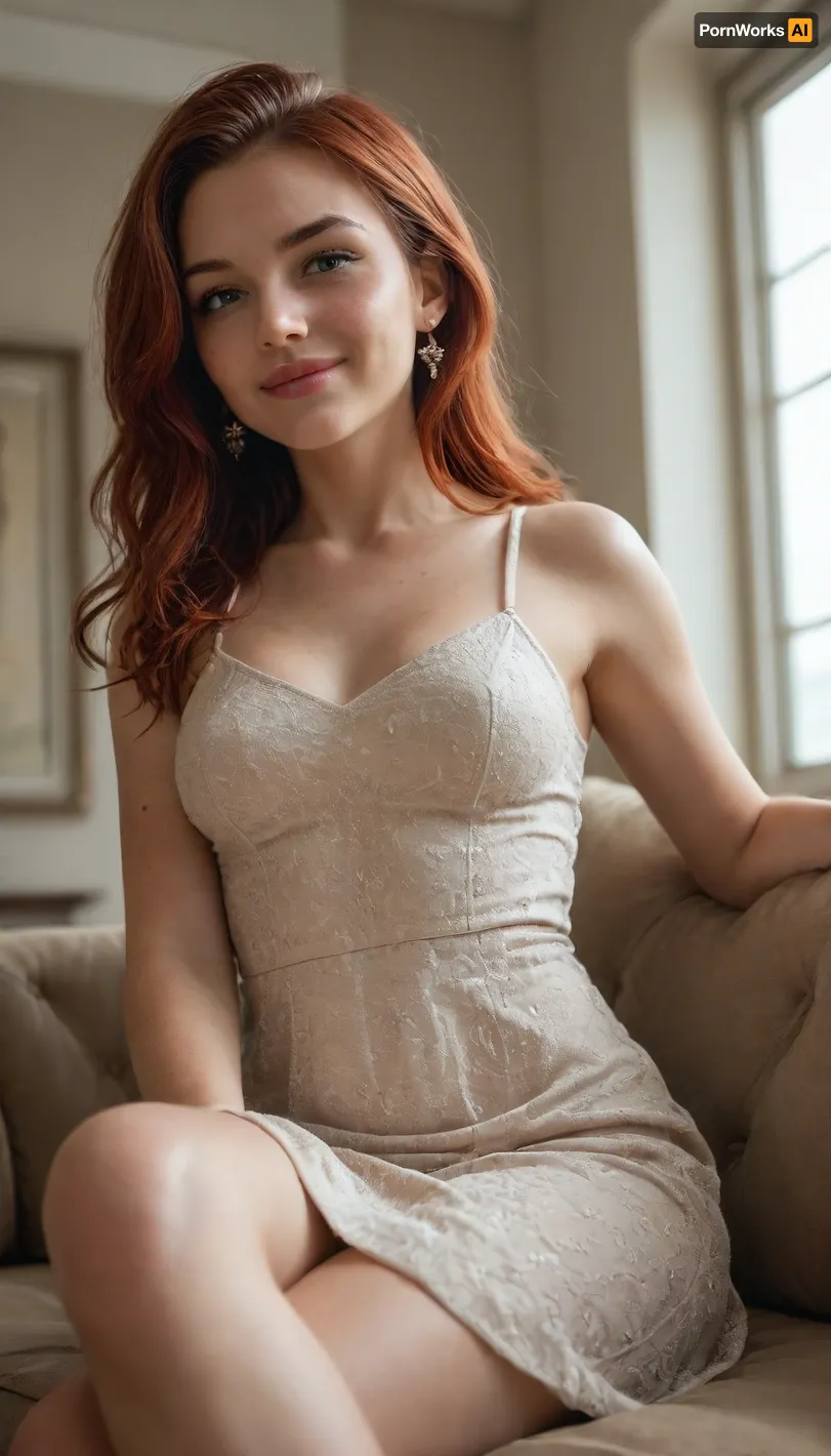 ziprealism, score_9, score_8_up, 1girl, adorable girlfriend, (smug and eager, expressive eyes, mischievous eyes), (deep auburn hair, vibrant hair, stylish hair, elegant hair), (delicate facial features, cute face:1.2), (intimate esthetic, low angle), (focus on eyes, perfect eyes), catchlights, detailed eyes, full lips, subtle makeup, subtle freckles, bashful pose, adorable pose, small perky breasts, pale breasts, tanned skin, (tight dress, sexy dress), reclining, sitting on couch, legs crosses, <lora:add-detail-xl:.8>