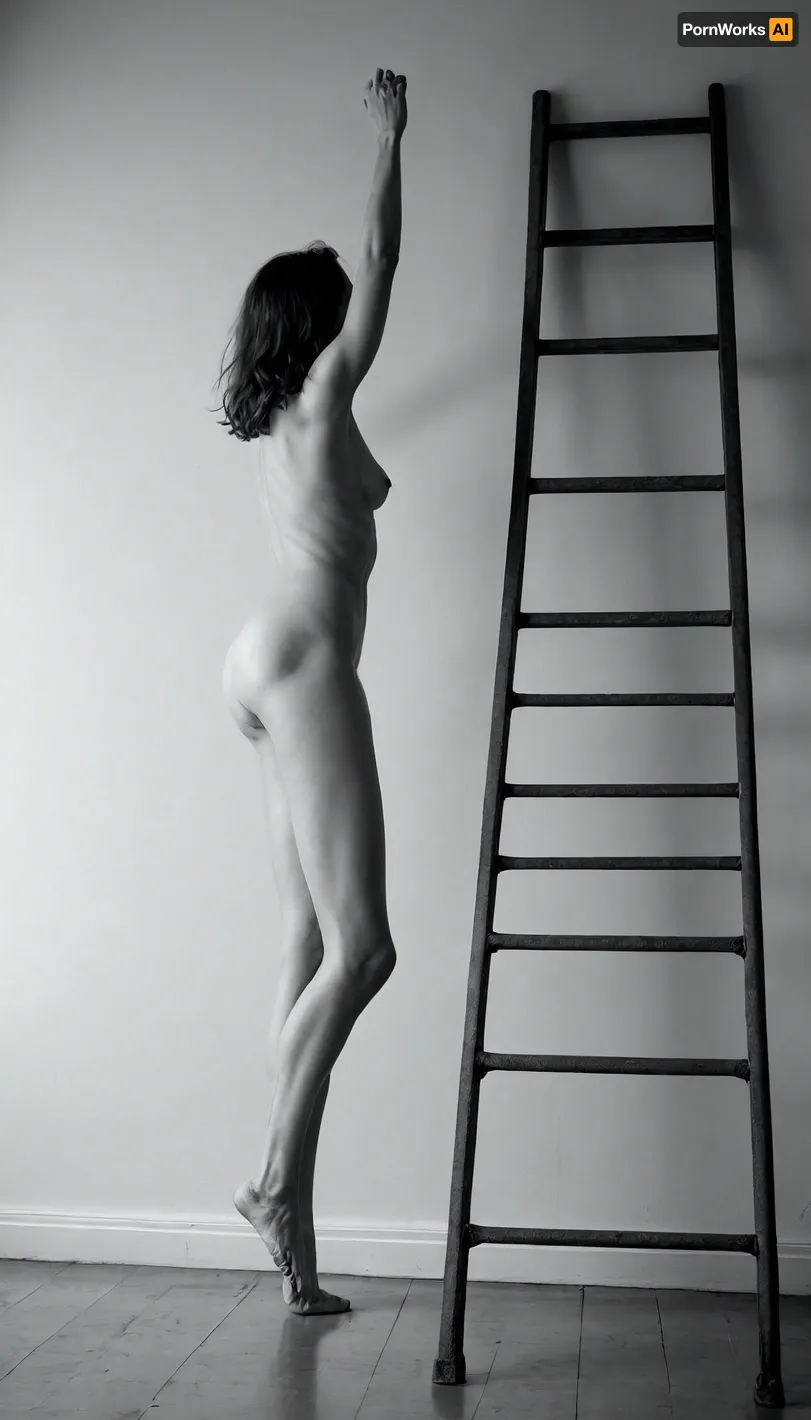 A minimalistic black-and-white nude study of a model arching over an old metal ladder, one foot on highest rung, torso parallel to floor, hard side lighting for bold contrast and graphic shadow patterns, shot with a 50mm lens at f/1.4 for extreme separation of subject, ultra-detailed rendering of skin creases and ladder texture, ––v 5 ––q 2, <lora:Realistic_People_V1:1.1>, BadX
