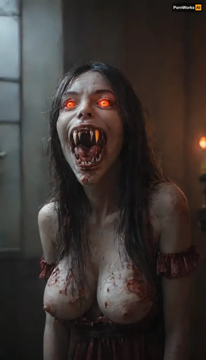 masterpiece, score_9, score_8_up, score_7_up, 1girl, from below, beautiful sexy terrifying vampire woman in a black dress leaning over the viewer inside a dark room at night, medium shot, (standing and lunging forward), threatening pose, ((bright red glowing eyes:1.9)), (stunning pale white-skinned vampire woman with long flowing black hair and wearing a black brocaded dress), slender very tall body, (ghastly pale pale white skin), (blood-soaked mouth with vampire fangs dripping blood:1.2), (((very very long vampire fangs:1.9))), hungry expression, large naturally sagging breasts with prominent pale nipples, hawkish nose, tall tall face, black eyebrows, strong cheekbones, (hairy bush), ((black brocaded dress)), downblouse, face focus, cleavage, nighttime, inside a very dark room with stone walls at night, dim lighting, very aesthetic, subsurface scattering, decaying skin texture, rotted skin texture, detailed skin texture, skindentation, vampire woman, insane level of detail, horror, scene, dark, glowing, eyes, rooms, girl, gore, Perfect, Fangs, fangs, sharp, teeth, fang, <lora:Mistress_of_the_night-000016:.5>, <lora:3cfdf102b8e09e99ae7eb77b194d9459:1.7>, <lora:MJ52:1.7>, <lora:Unfazed vampire - XL SDXL V1.0:1>