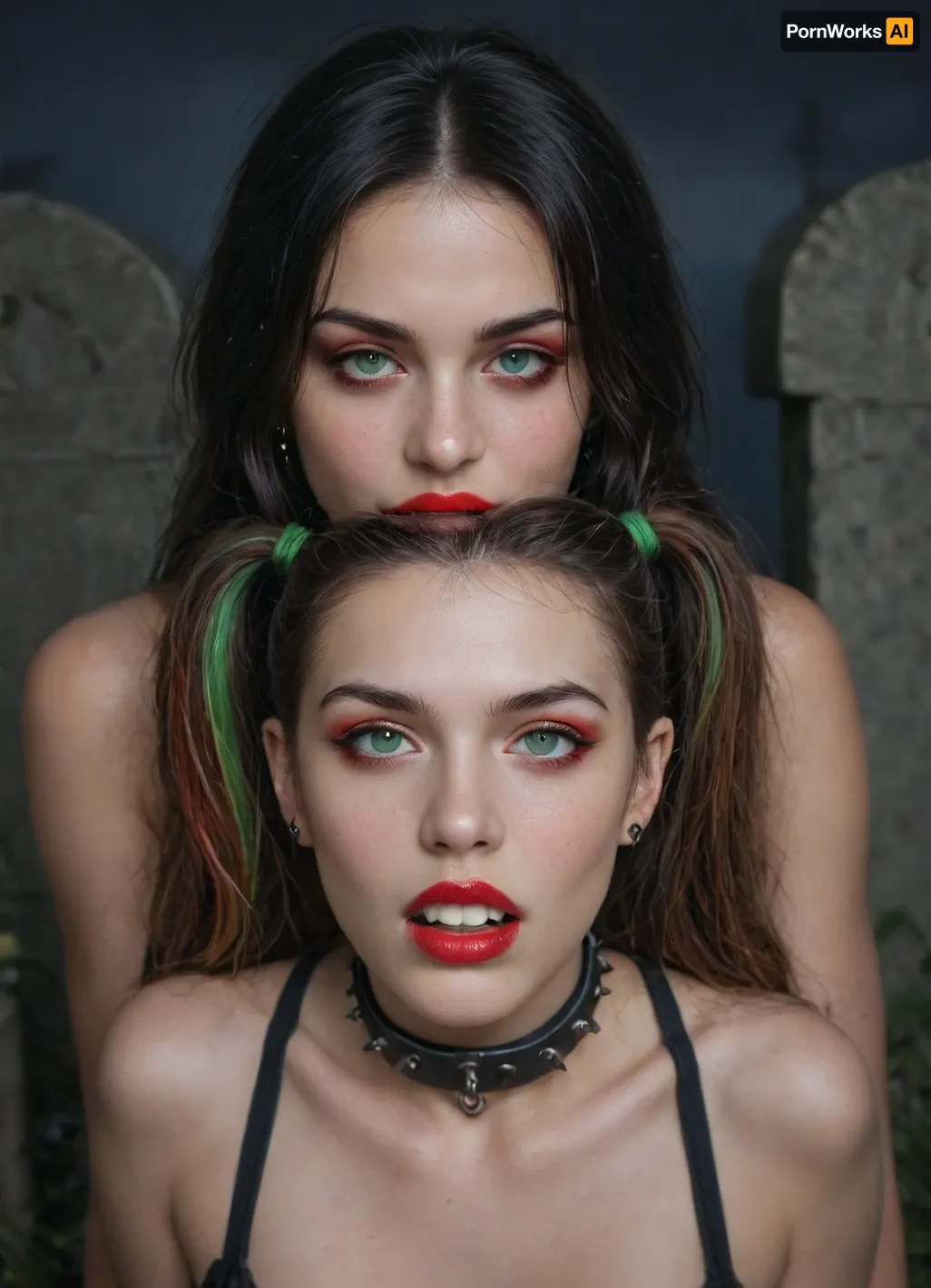 (((two 18 year old vampire girls))), midevil, light green eye, one with black hair with rainbow hair, pigtails, red lipstick, vampire, vampire teeth, in a dark graveyard, bound in chains, pale skin, pale, skin, <lora:Pale_Skin_SDXL_v1.0:.8>, supermodel, face, big, lips, <lora:Beautify-Supermodel-SDXL:.8>, <lora:ahxl_v1:.8>