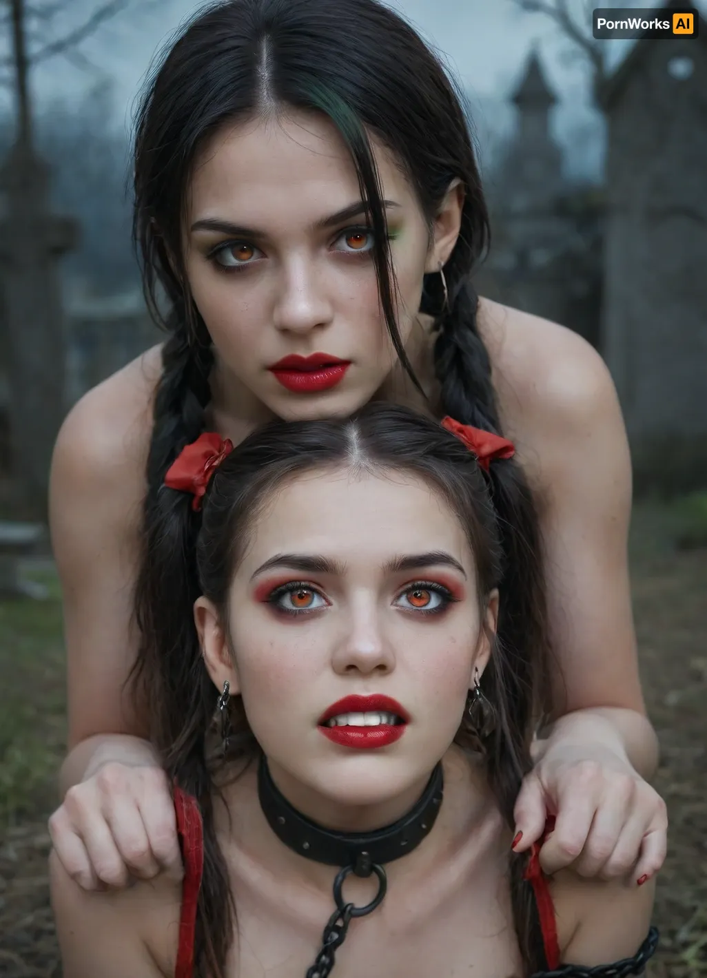 (((two 18 year old vampire girls))), midevil, glowing red eyes, green eyeshadow, sad face, closed mouth, one with black hair with rainbow hair, pigtails, red lipstick, vampire, vampire teeth, in a dark graveyard, bound in chains, pale skin, pale, skin, <lora:Pale_Skin_SDXL_v1.0:.8>, supermodel, face, big, lips, <lora:Beautify-Supermodel-SDXL:.8>, <lora:ahxl_v1:.8>, Subspecies, style, <lora:Subspecies style:.8>