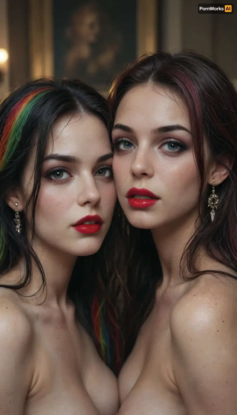 Two 18 year old vampire sisters, very long black and rainbow hair, red lipstick, black eyeliner, black eyelashes, black eyeshadow, <lora:Halloween_Series_Scary_Vampire-000009:.8>, <lora:Stunning_eyes_2:.8>, <lora:Dead_Beauty:.8>