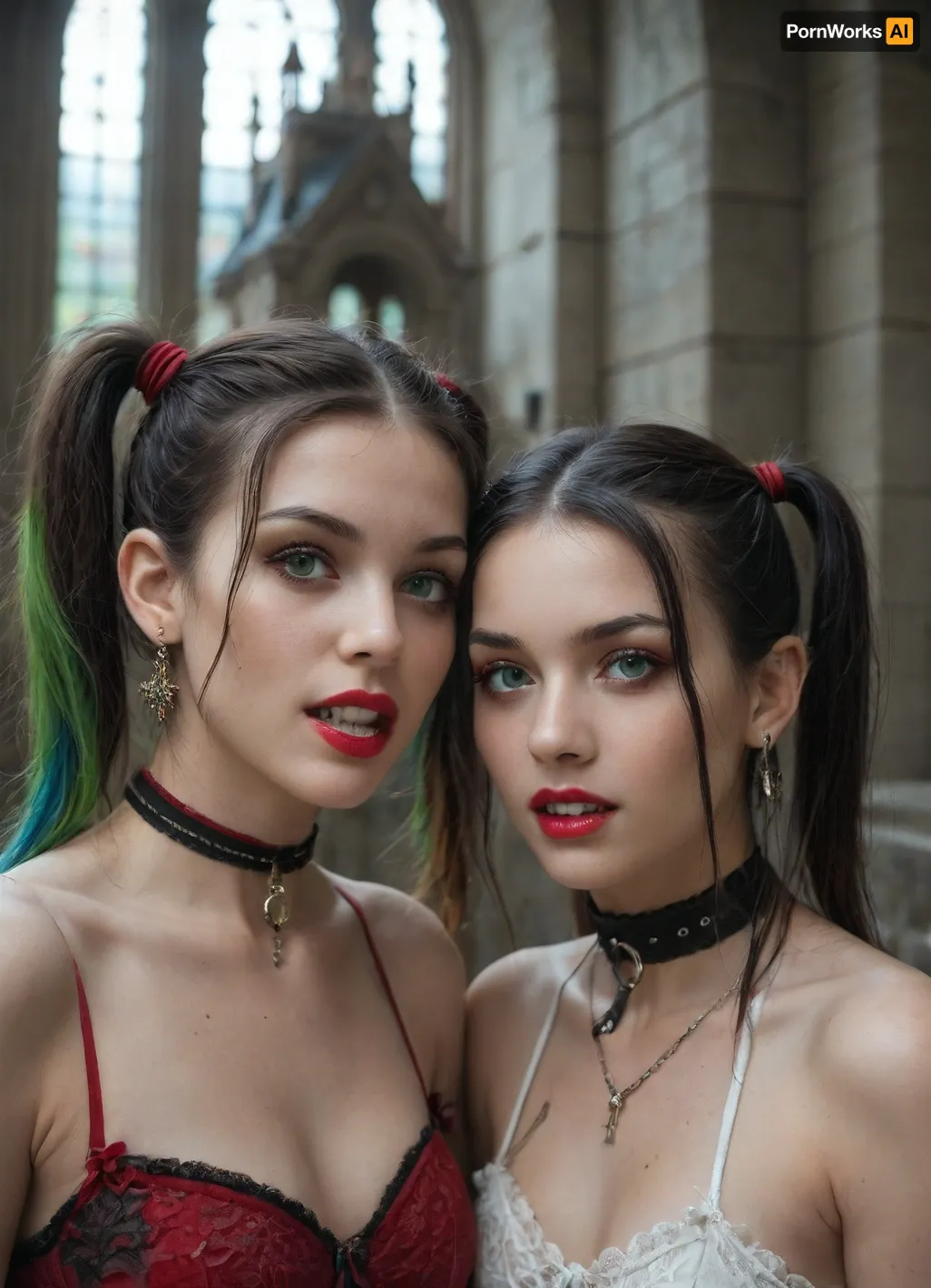 (((two 18 year old vampire girls))), light green eyes, dark green eyeshadow, one with black hair with rainbow hair, pigtails, red lipstick, vampire, vampire teeth, in a castle, bound in chains, pale skin, <lora:AzaleaXL2:.8>