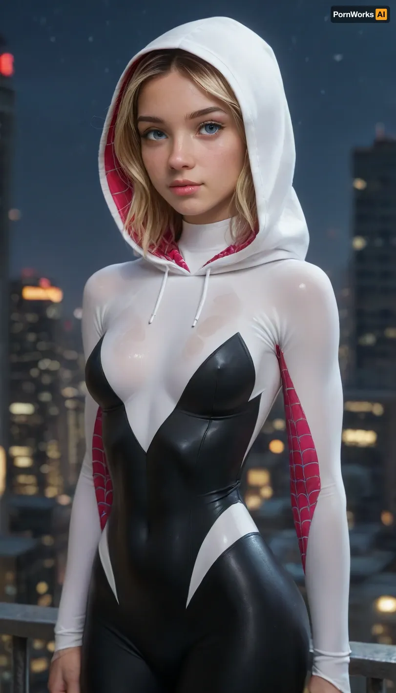 night, (((18 years old))), (((young))), (spider girl Gwen Stacy), Braided side Side Cornrows Hair, (tight outfit), athletic body, hood on head, hip gap, (narrow waist:1.5), (blonde with pink strands), ((pussy cameltoe:.6)), (wet tight bodysuit), hand, 1girl, medium natural breast, (high detailed face:1.5), ((rear view, view from behind)), <lora:HandFineTuning_XL:1>, <lora:MGLRbodysuit_sdxl:.6>, <lora:uberfit_lora_sdxl:.4>