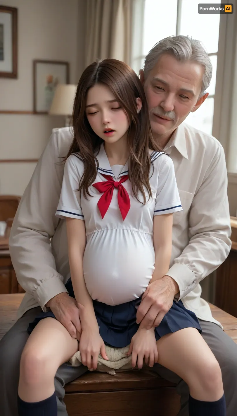 1girl, brown hair, pregnant, long hair, sitting, 1boy, open mouth, closed eyes, clothed sex, school uniform, sex, age difference, size difference, sex from behind, straddling, cowgirl position, grabbing from behind, old, old man, sitting on person, aged up, clothes, on person