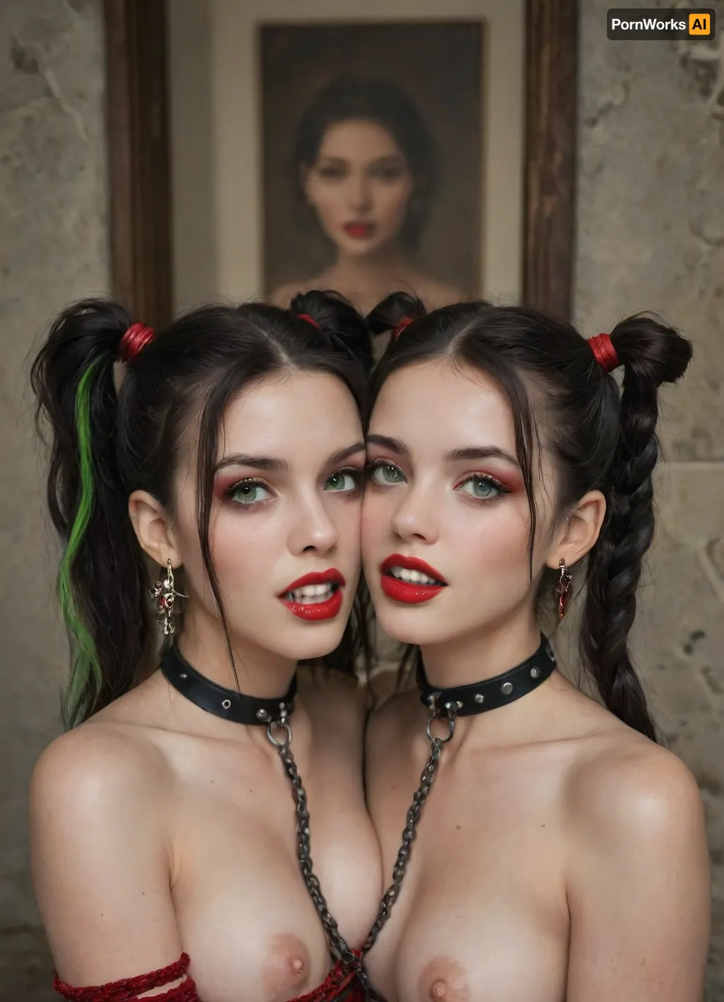 (((two 18 year old vampire girls))), dark green eye, one with black hair with rainbow hair, pigtails, red lipstick, vampire, vampire teeth, in a castle, bound in chains, pale skin, pale, skin, full body, <lora:Pale_Skin_SDXL_v1.0:.8>, 4ng3l, face, <lora:SDXL_BetterFaces-LoRA_v1:.8>
