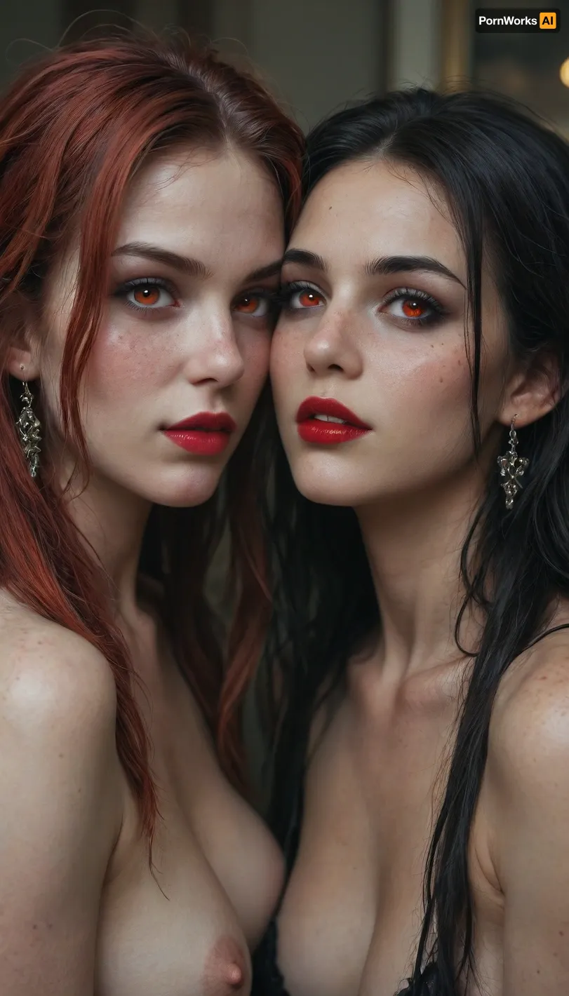 Two 18 year old vampire sisters, very long black and rainbow hair, red lipstick, freckles, black eyeliner, black eyelashes, black eyeshadow, glowing red eyes, <lora:Halloween_Series_Scary_Vampire-000009:.8>, <lora:Stunning_eyes_2:.8>, <lora:Dead_Beauty:.8>, Subspecies, style, <lora:Subspecies style:.8>