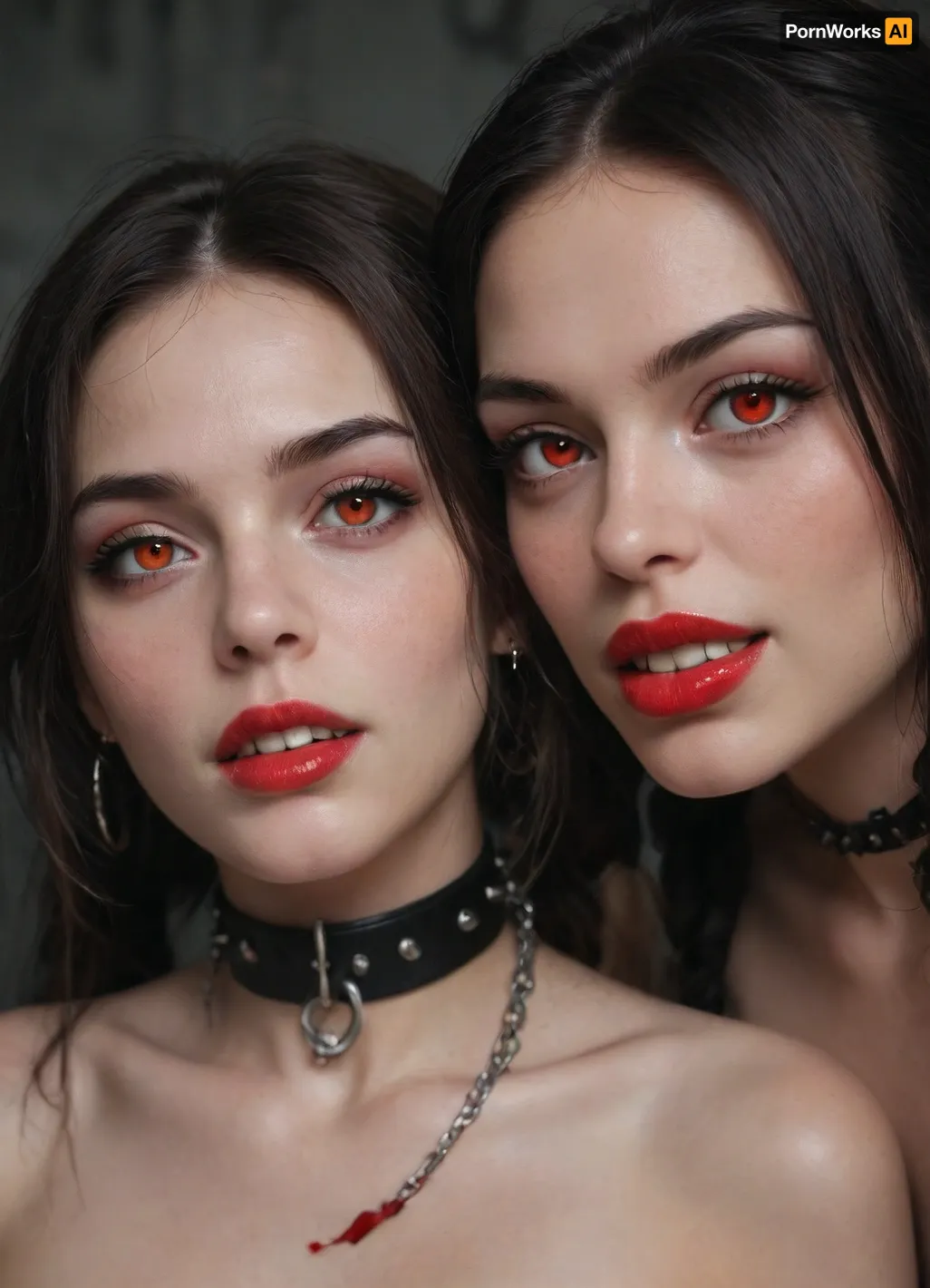 (((two 18 year old vampire girls))), midevil, glowing red eyes, black eyeshadow, sad face, closed mouth, one with black hair with rainbow hair, pigtails, red lipstick, blood dripping out of the corners of the mouth, vampire, vampire teeth, K-9 fangs, in a dark graveyard, bound in chains, doggie collar, pale skin, pale, skin, <lora:Pale_Skin_SDXL_v1.0:.8>, Subspecies, style, <lora:Subspecies style:.8>, Perfect, Fangs, fangs, sharp, teeth, fang, <lora:Unfazed vampire - XL SDXL V1.0:.8>, <lora:Mistress_of_the_night-000016:.8>