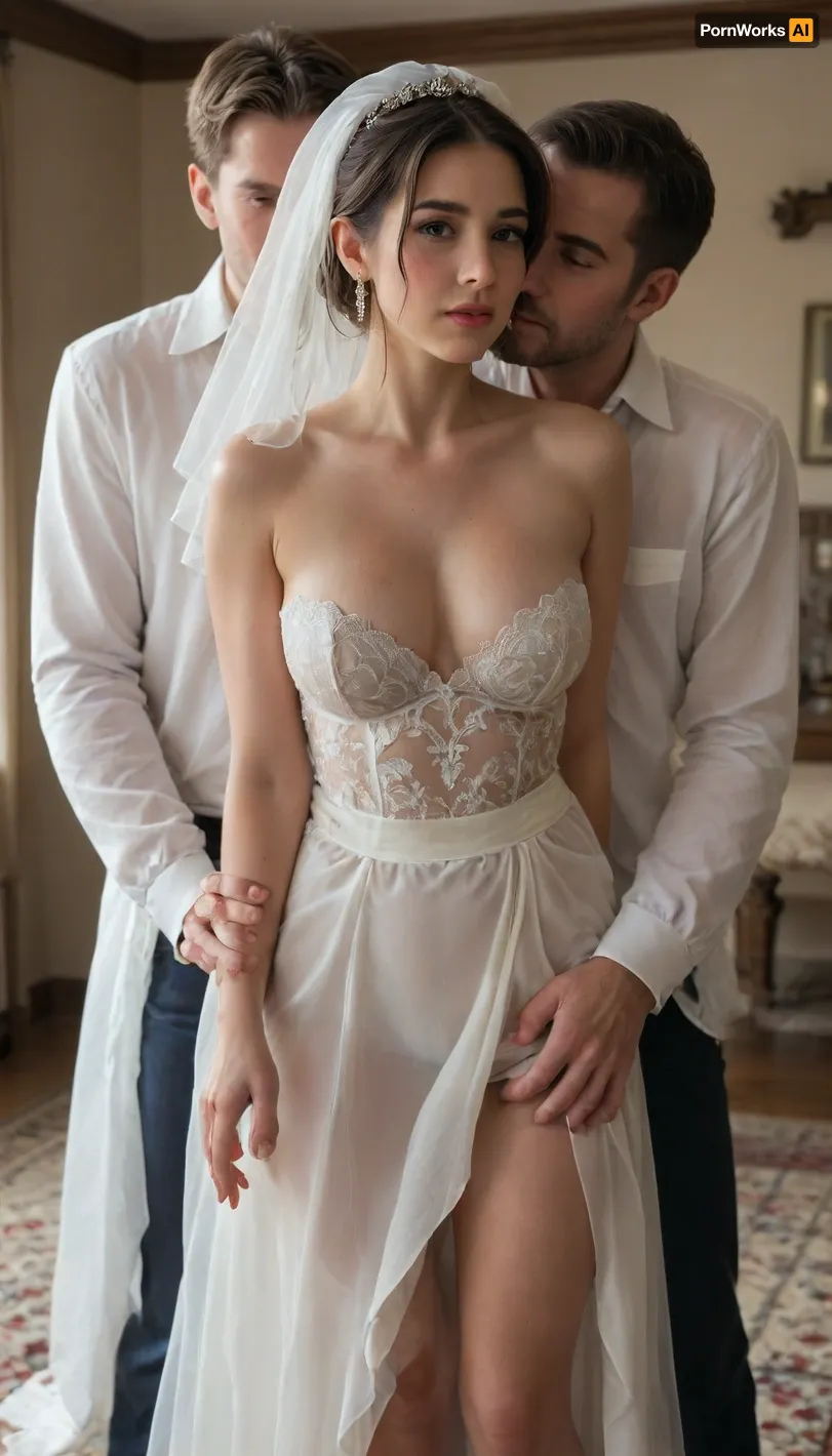 interracial gangbang slut bride, (((cuckold husband hugs the bride from behind))), .
super giant and large black dicks.
The bride wears a striking yet elegant white wedding dress with modern, high-fashion details. The gown features a deep V-neckline with delicate lace trim, fitted at the waist to highlight her silhouette. The skirt is asymmetrical — shorter in the front to reveal sheer white stockings with lace tops, and longer in the back with a soft flowing train, slightly dusted from the ground. A light chiffon veil is draped over her shoulders, and subtle gold embroidery adds a touch of luxury. Her overall appearance is graceful and captivating, standing out gently against the harsh setting of the camp.

. huge, romantic_couple_poses, detailxl, 80sc1nemat1c5tyle, diaphanous, dress, <lora:1365620_training_data:1>, <lora:dAIversityUnderstandingXLRealistic:1.2>, <lora:80s_Cinematic_Style:.8>, <lora:xl_diaphanous_dress-1.0:1.3>