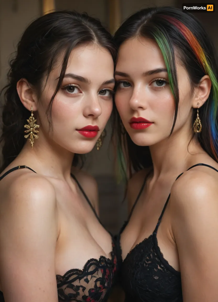 (((two 18 year old zombies girls))), one with black hair with rainbow hair, red lipstick