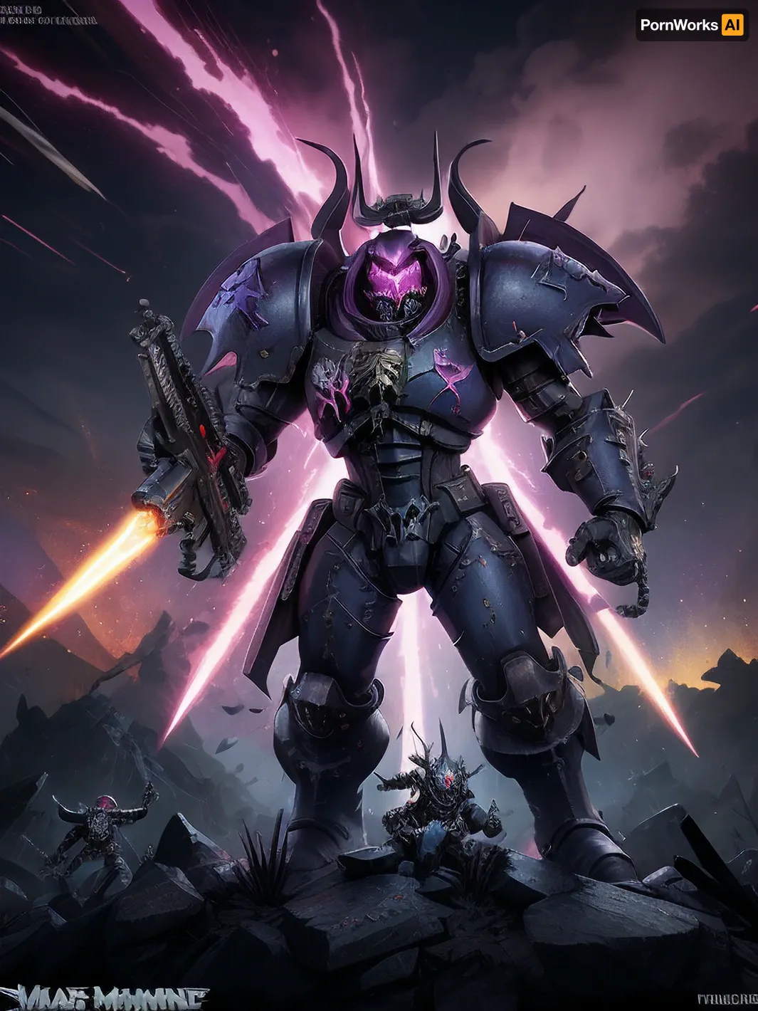 A grimdark scene in the Warhammer 40k universe. Chaos Space Marines of Slaanesh, known as Noise Marines, are performing a brutal concert atop a mountain of corpses. Their power armor is painted in vibrant and clashing neon colors — hot pink, purple, gold, and black — adorned with spikes, chains, and daemonic symbols. Each marine wields sound-based weapons that resemble electric guitars, massive speakers, or twisted instruments of war and music. The sky above is swirling with warp energies, glowing in chaotic hues of pink and violet. Lightning crackles as the corrupted air trembles from the sonic onslaught. Around them, dead bodies lie broken and bloodied, forming a grotesque audience. The marines are caught mid-performance — one screaming into a microphone fused into his helmet, another raising his sonic blaster to the heavens. Atmospheric, brutal, psychedelic chaos.