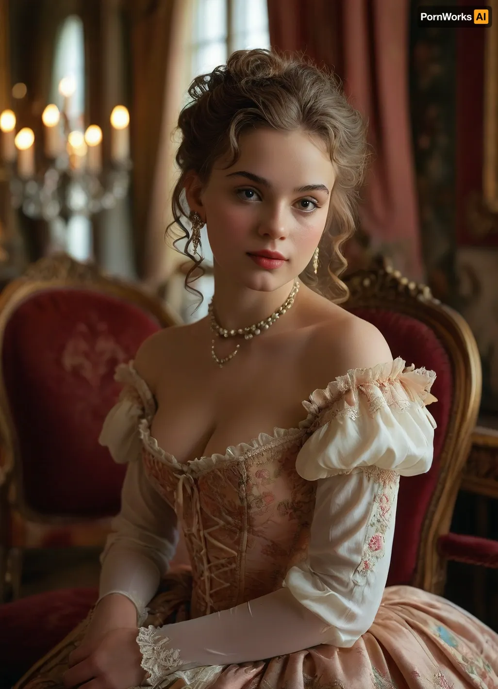 (masterpiece, best quality, ultra-detailed, photorealistic, HDR, every plane in sharp focus, all details highly defined), Eliška, graceful young Czech woman, about 18 years old, with a refined aristocratic face, very large almond-shaped hazel eyes, long curled lashes, thin arched brows, high cheekbones, straight delicate nose, rosy blush high on her cheeks, small heart-shaped lips in soft rose, serene and elegant smile, flawless porcelain skin, extremely long thick chestnut hair styled in an early 1740s rococo coiffure, medium-high powdered bouffant with soft rolls and side curls, decorated with pastel silk ribbons, pearl strings, gold and pearl hairpins, small silk roses, and several delicate ringlets framing her cheeks, pronounced hourglass figure with, (large full tight breasts:1.2), ultra-narrow conical corseted waist, (fully revealed navel and bare waist, the full upper part of her very wide hips and thighs clearly visible:1.2), wearing a true 1740s-inspired white batiste chemise blouse with gathered neckline, short ruffled sleeves, embroidered and boned stomacher, tightly laced conical rococo corset, ultra-short tartan overskirt styled as a modern mini skirt with velvet ribbon trim, sitting very low on the hips, revealing her navel, bare waist, and upper part of her wide hips and thighs, sheer nude silk over-the-knee stockings with decorative embroidered clocks, ivory Louis XV shoes with curved heels and silver buckles, triple-strand pearl necklace, ornate gold bracelet, pearl drop earrings, elegantly seated on a rococo carved velvet chair in a sumptuous Prague art café in the style of the 1740s, gilded carved wood paneling, pastel floral wall murals, tall windows with lace curtains, marble tables, crystal chandeliers, brass candelabra, fresh roses and ferns, warm sunlight, luxurious baroque and early rococo ambiance, makeup is refined and accurate, rosy blush high on the cheeks, softly powdered skin, delicately defined eyes, soft rose lips, every finger of both hands precisely rendered with five distinct non-fused fingers, all facial features, eyes, and lashes perfectly defined, <lora:MJ52:1>, <lora:SDXLHighDetail_v6-000005:.8>, <lora:Microwaist_XL_v01:.8>