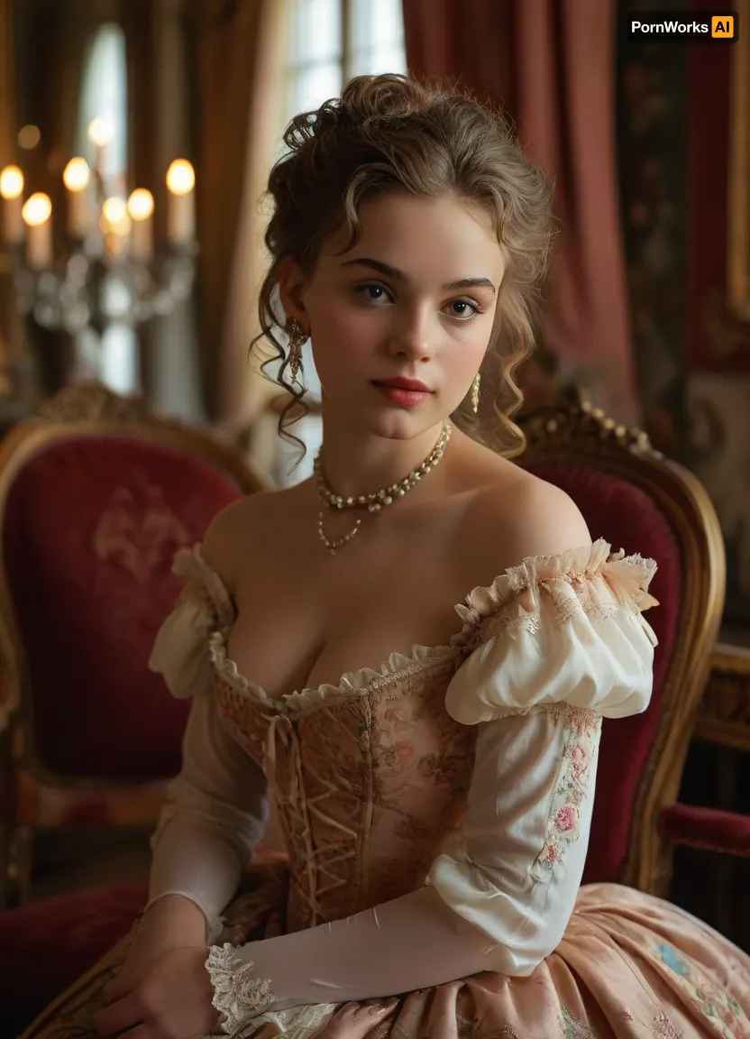 (masterpiece, best quality, ultra-detailed, photorealistic, HDR, every plane in sharp focus, all details highly defined), Eliška, graceful young Czech woman, about 18 years old, with a refined aristocratic face, very large almond-shaped hazel eyes, long curled lashes, thin arched brows, high cheekbones, straight delicate nose, rosy blush high on her cheeks, small heart-shaped lips in soft rose, serene and elegant smile, flawless porcelain skin, extremely long thick chestnut hair styled in an early 1740s rococo coiffure, medium-high powdered bouffant with soft rolls and side curls, decorated with pastel silk ribbons, pearl strings, gold and pearl hairpins, small silk roses, and several delicate ringlets framing her cheeks, pronounced hourglass figure with, (large full tight breasts:1.2), ultra-narrow conical corseted waist, (fully revealed navel and bare waist, the full upper part of her very wide hips and thighs clearly visible:1.2), wearing a true 1740s-inspired white batiste chemise blouse with gathered neckline, short ruffled sleeves, embroidered and boned stomacher, tightly laced conical rococo corset, ultra-short tartan overskirt styled as a modern mini skirt with velvet ribbon trim, sitting very low on the hips, revealing her navel, bare waist, and upper part of her wide hips and thighs, sheer nude silk over-the-knee stockings with decorative embroidered clocks, ivory Louis XV shoes with curved heels and silver buckles, triple-strand pearl necklace, ornate gold bracelet, pearl drop earrings, elegantly seated on a rococo carved velvet chair in a sumptuous Prague art café in the style of the 1740s, gilded carved wood paneling, pastel floral wall murals, tall windows with lace curtains, marble tables, crystal chandeliers, brass candelabra, fresh roses and ferns, warm sunlight, luxurious baroque and early rococo ambiance, makeup is refined and accurate, rosy blush high on the cheeks, softly powdered skin, delicately defined eyes, soft rose lips, every finger of both hands precisely rendered with five distinct non-fused fingers, all facial features, eyes, and lashes perfectly defined, <lora:MJ52:1>, <lora:SDXLHighDetail_v6-000005:.8>, <lora:Microwaist_XL_v01:.8>