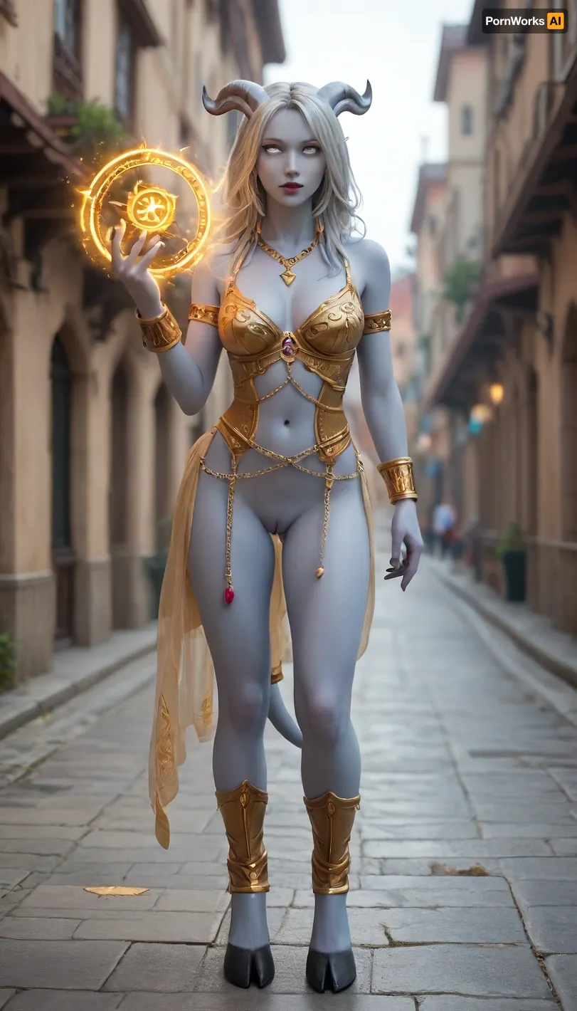front view, full body view, world of warcraft art, (((world of warcraft female draenei))), standing in stormwind city harbor, (((very light blue skin))), exposed breasts, exposed pussy, lingerie armor, gold garters, gold cuffs, gold necklace, gold body chain, long blowing hair, long flowing silver hair, skinny waist, ((white eyes)), big breasts, pierced nipples, pieced clit, perfect ass, (standing in stormwind), ((partially wearing paladin armor)), ((parially nude)), trimmes pussy, (real skin textuture), high res texture, from front, (dynamic sexy pose), ((healing spell)), magic runes in the air