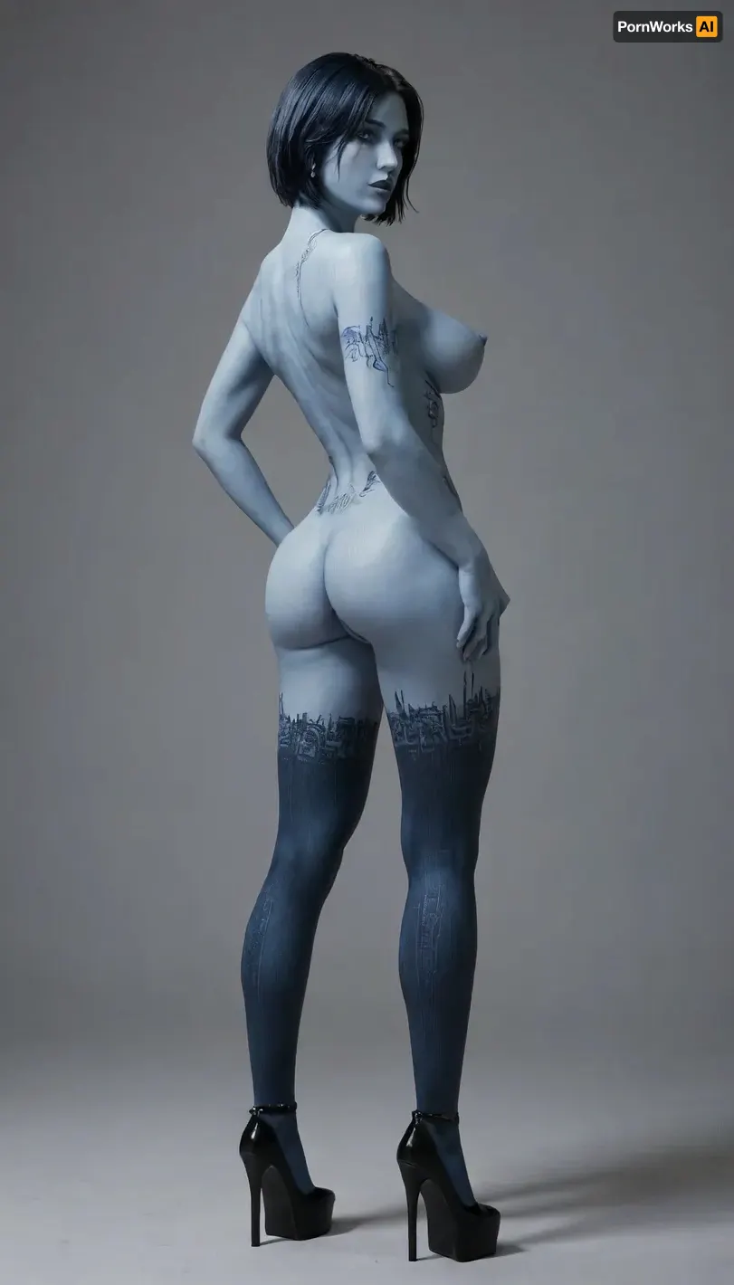 blue skin, blue hair, Cortana from Halo, Cortana robotized, robot Cortana, all shiny Cortana, big breasts, all of her body is shiny metallic, having naked pussy who squirting, very high platform heels, sultry look, in one shoe, without shoes, in high heels, barefoot, swollen anus, leaking pussy, very long legs, narrow hips, narrow calves, swollen labia, upset mind, trembling, a scared expression on her face, gloves pulled up to her elbows, garter, standing, full body view, side view, rear view, shows ass