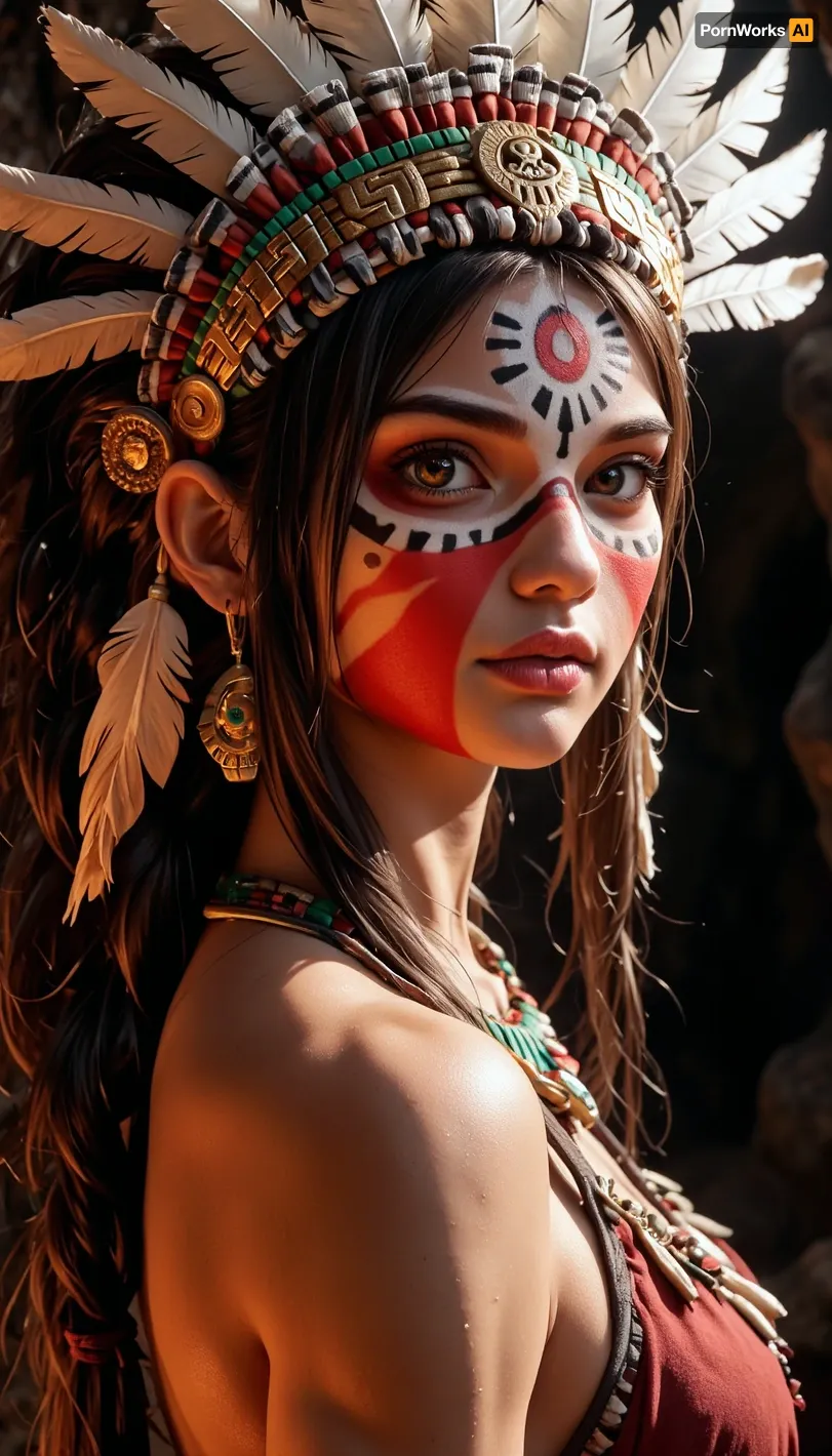 (old woman:.9), evil, muscular, Aztec, God. detailed large feather headdress, stone jewellery, glowing scifi elements, standing in a narrow cave passage, looking back at viewer, full face paint, tall detailed headdress, head turn, fire embers, dark art style, highly detailed, outfit portrait, 18+, ral-embrglt, <lora:ral-embrglt-sdxl:1.5>