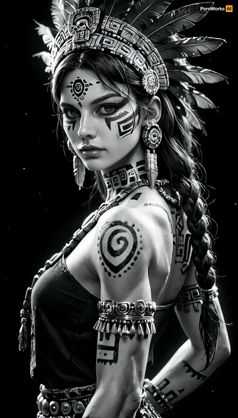 (old woman:1), evil, muscular, cyber, Aztec, God. detailed large black feathered headdress, black rags, glowing jewellery, cyber body paint, standing in a dark narrow cave passage, looking back at viewer, (detailed b&w face paint), (long black feathers:1), dark art style, highly detailed, headdress portrait., (black and white ratio:1.4), red neon glow, embers, grayeyes, perfecteyes, ral-embrglt, <lora:PerfectEyesXL:.5>, <lora:ral-embrglt-sdxl:.5>