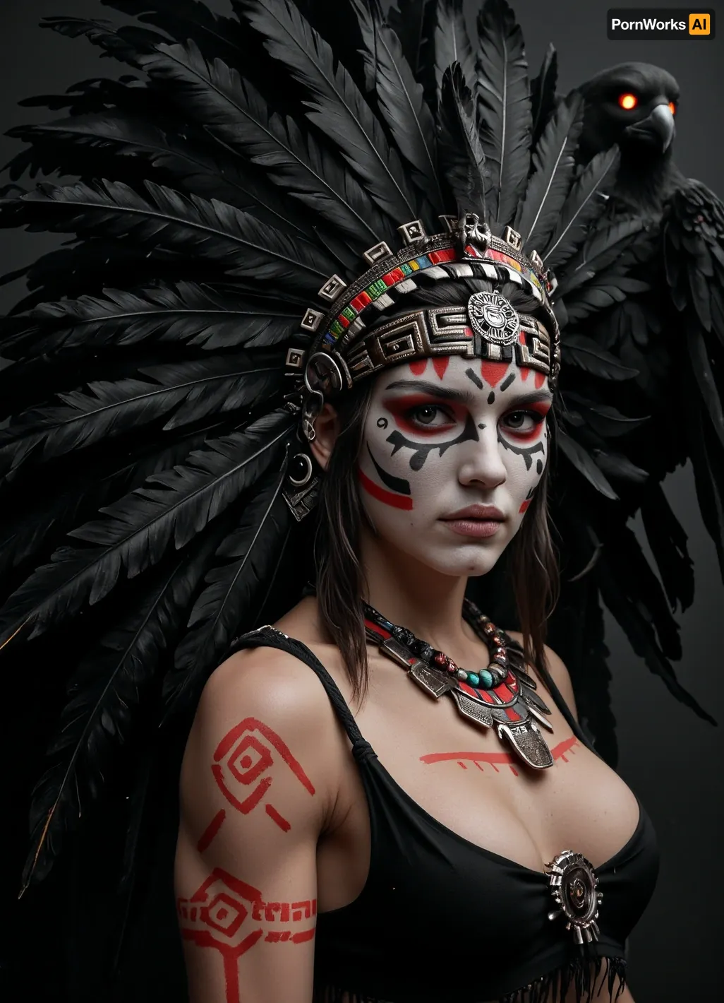 (old woman:1), evil, muscular, cyber, Aztec, God. detailed large black feathered headdress, black rags, glowing jewellery, cyber body paint, standing in a dark narrow cave passage, looking at viewer, (full face paint), (black feather length), dark art style, highly detailed, (headdress portrait), (black and red ratio), (red neon glow, embers), gray eyes, perfecteyes