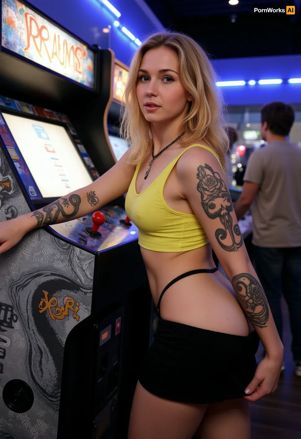 mature goth woman in a video store, wearing yellow tank top, black miniskirt, no panties, bending over, (lifting her skirt:1.5), showing ass, (excessive tribal rose & skull tattoos all over), posing next to large scifi arcade game cabinet, golden wavy hair, surprised expression, looking at viewer, game arcade, arcade cabinets, game screens on lighting the area, customers in background, night, (blue store), (blue neon lighting), <lora:RealTattoos_Flux:2>